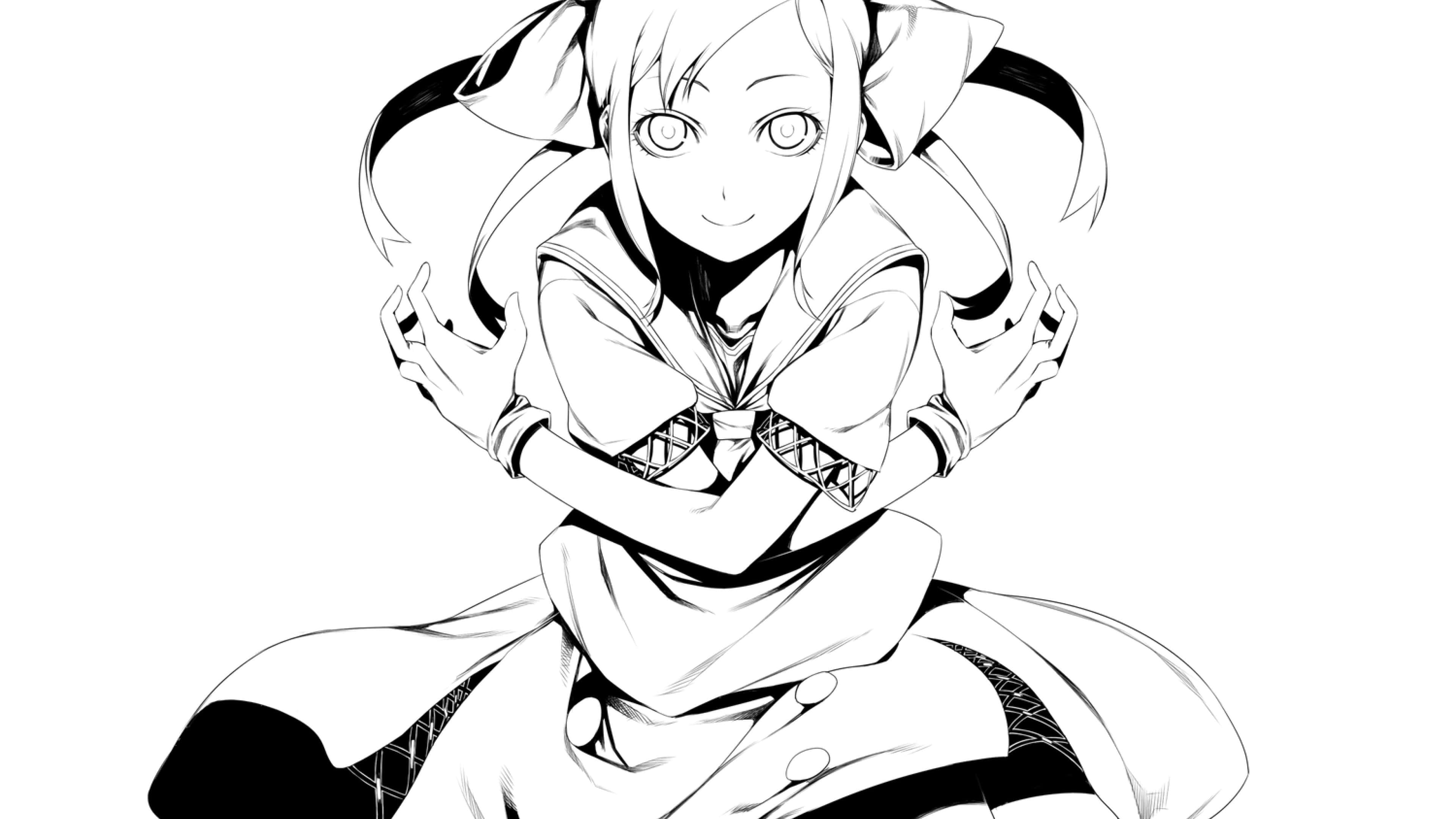 black and white cartoon, anime girl, twin tails, 4K Desktop Wallpaper