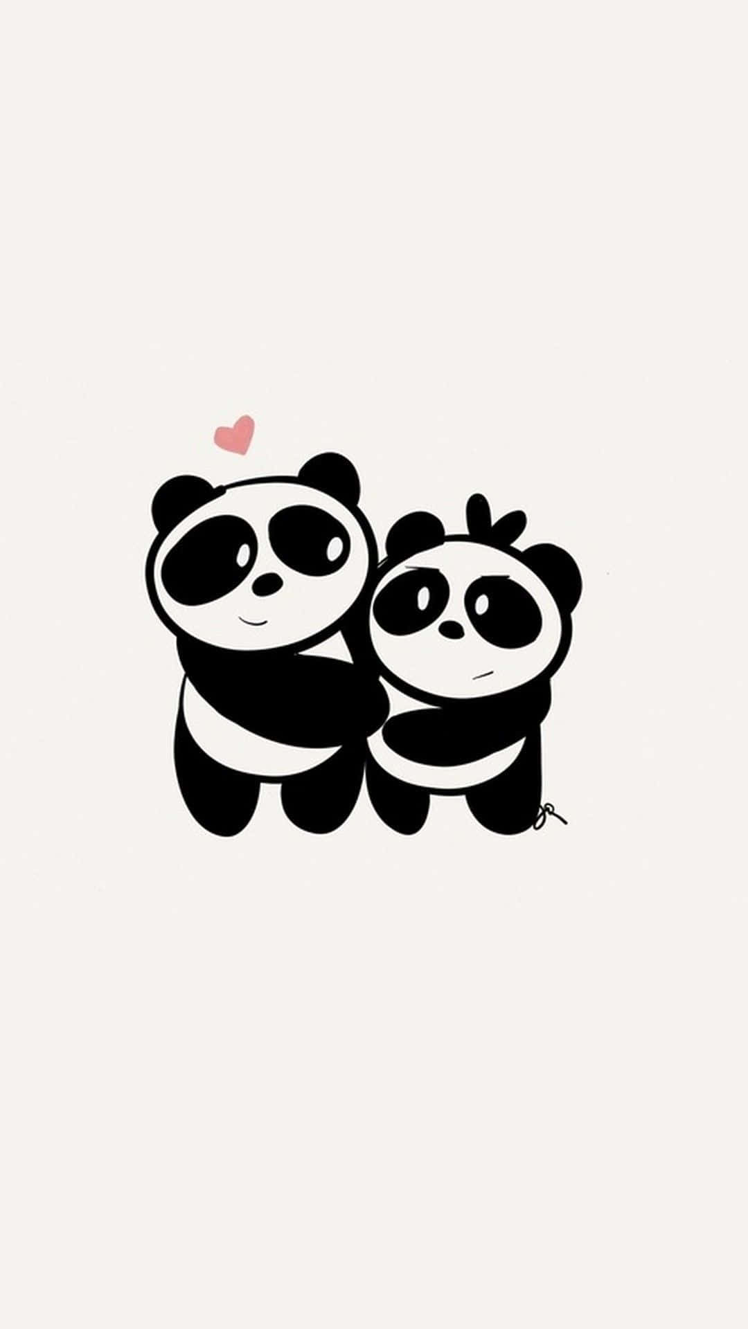 black and white cartoon, cartoon pandas, pink heart, Full HD Phone Wallpaper