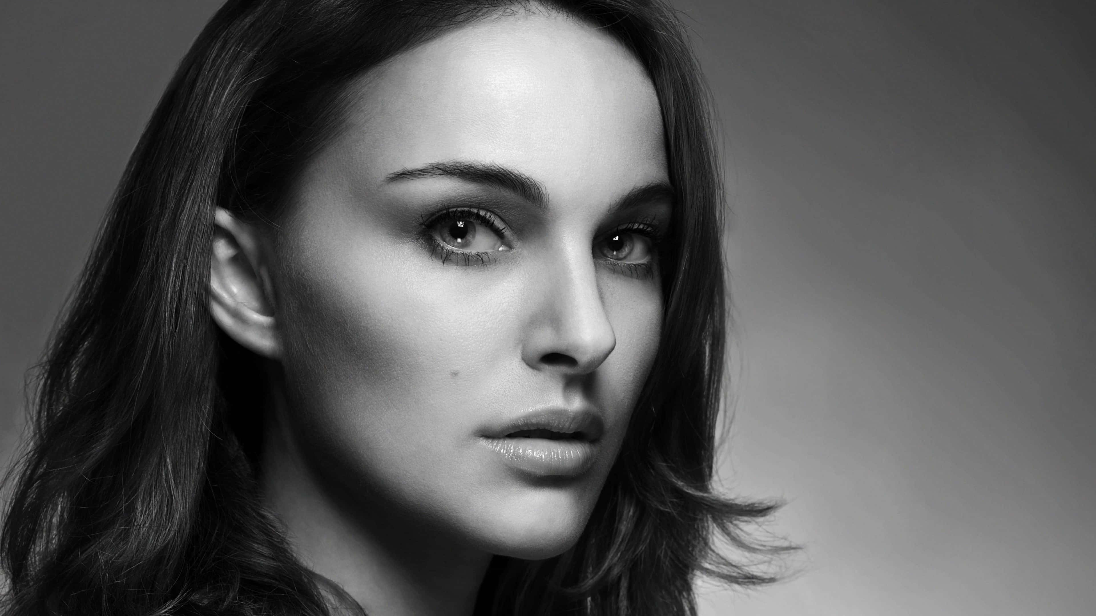 black and white portrait, stunning celebrity, intense gaze, 4K Desktop Wallpaper