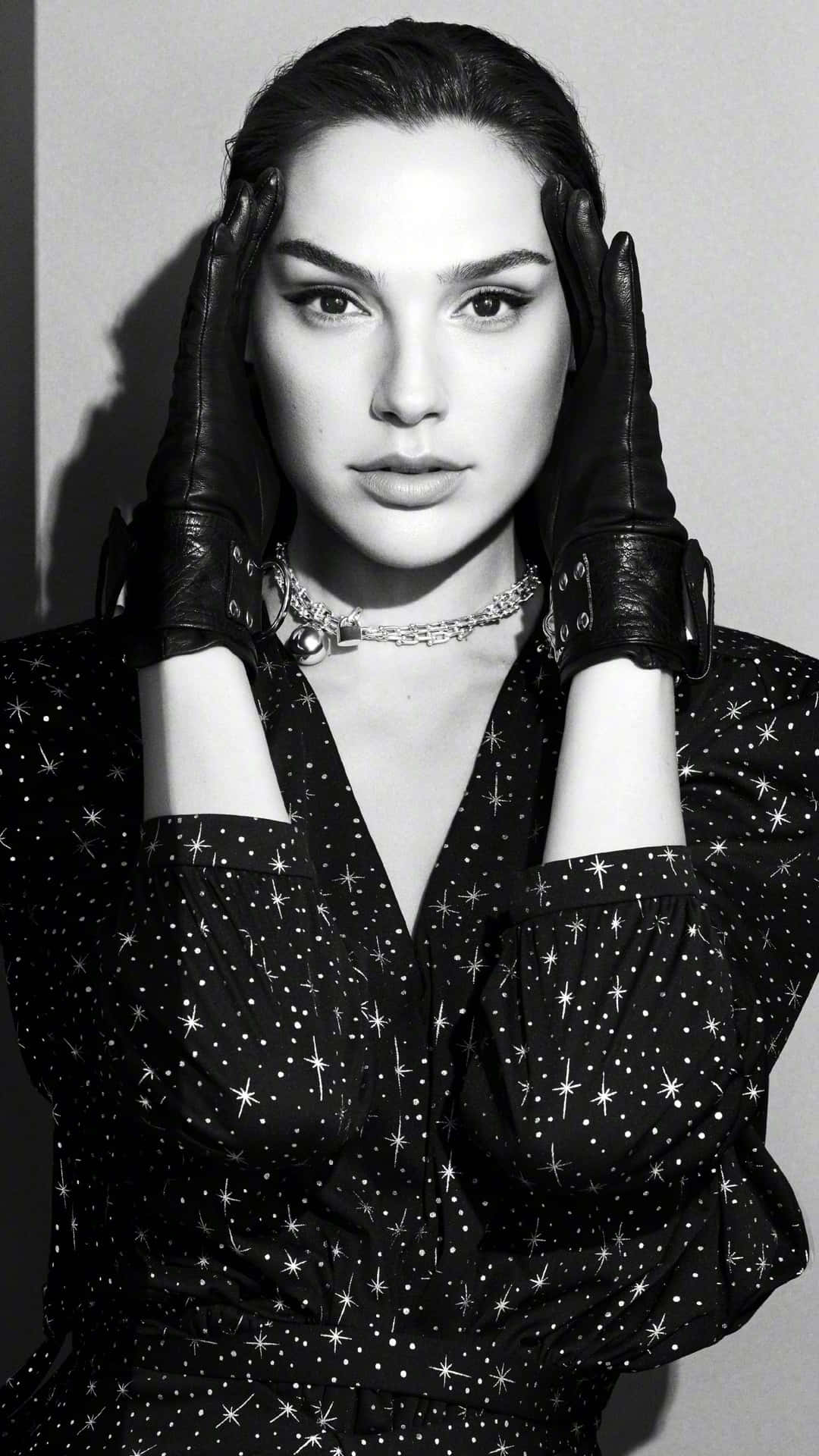black and white portrait, woman, star-patterned attire, Full HD Phone Wallpaper