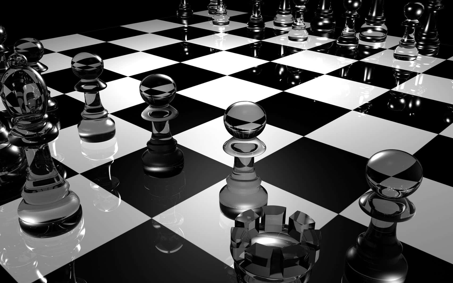 Black And White Chess, shiny black and white chess pieces, reflective checkered board, Full HD Desktop Wallpaper
