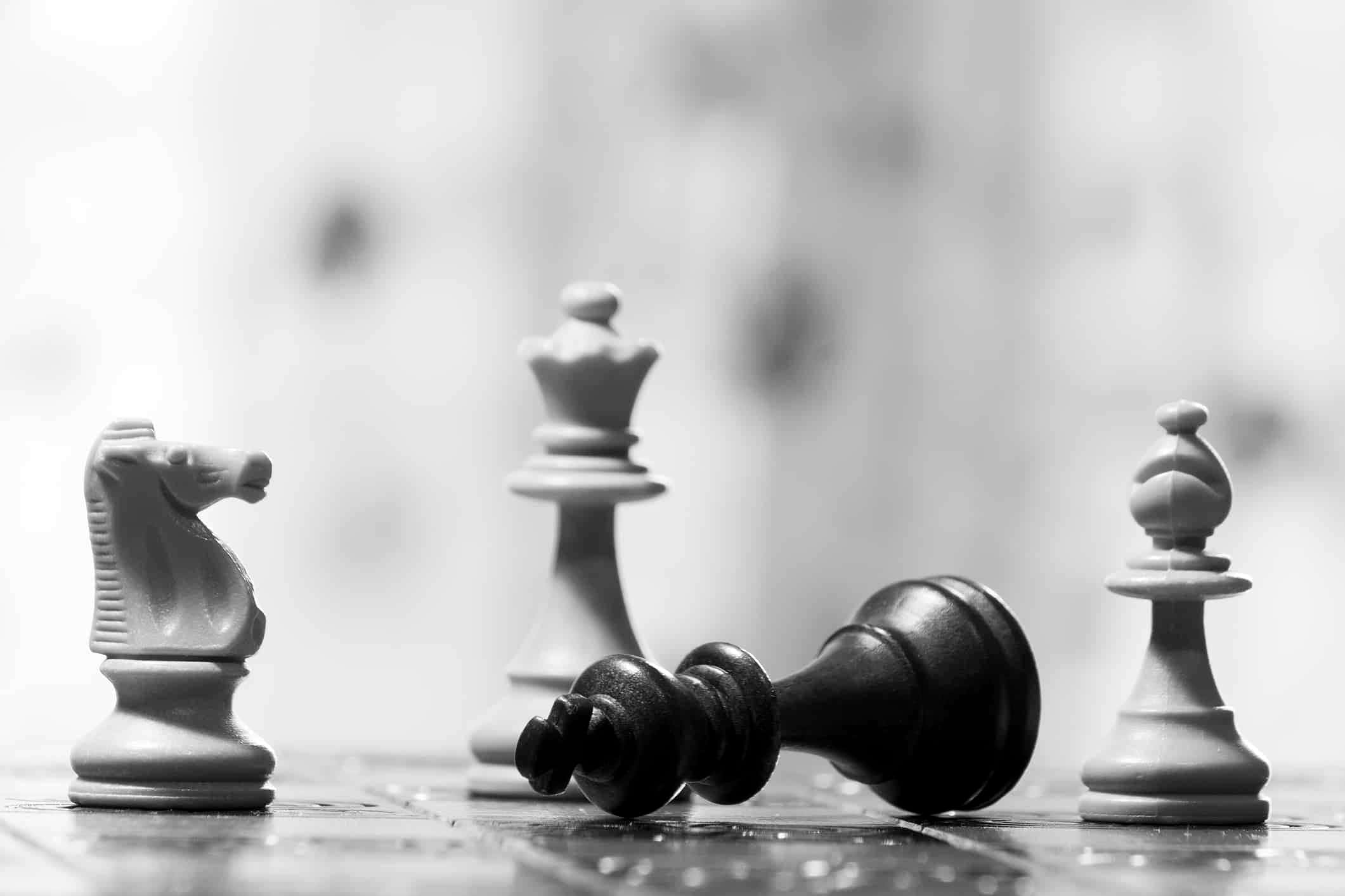 black and white chess, wooden chessboard, fallen chess pieces, Full HD Desktop Wallpaper