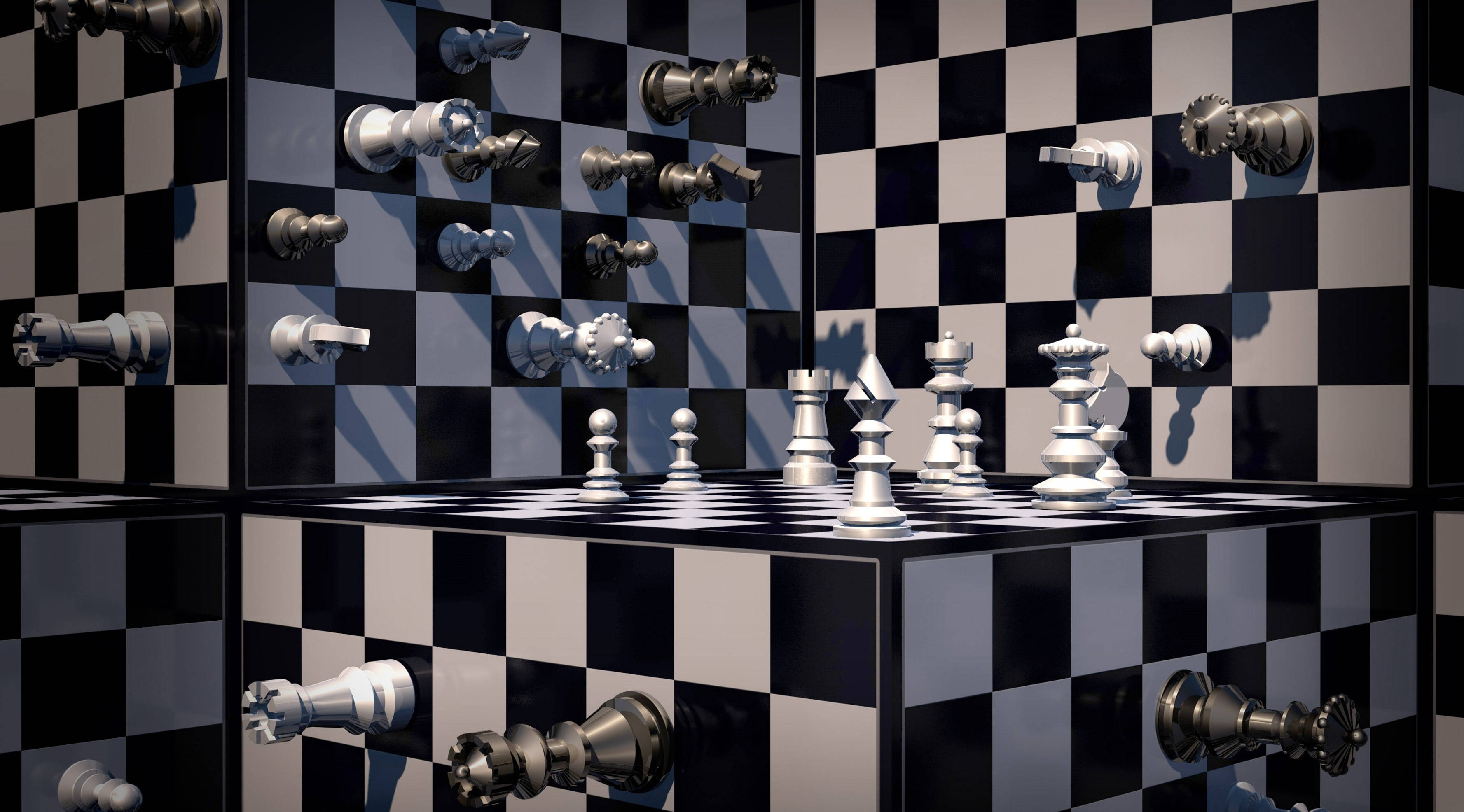 Platonic Solid, black and white checkered board, surreal 3d-rendered room, 2K Desktop Wallpaper
