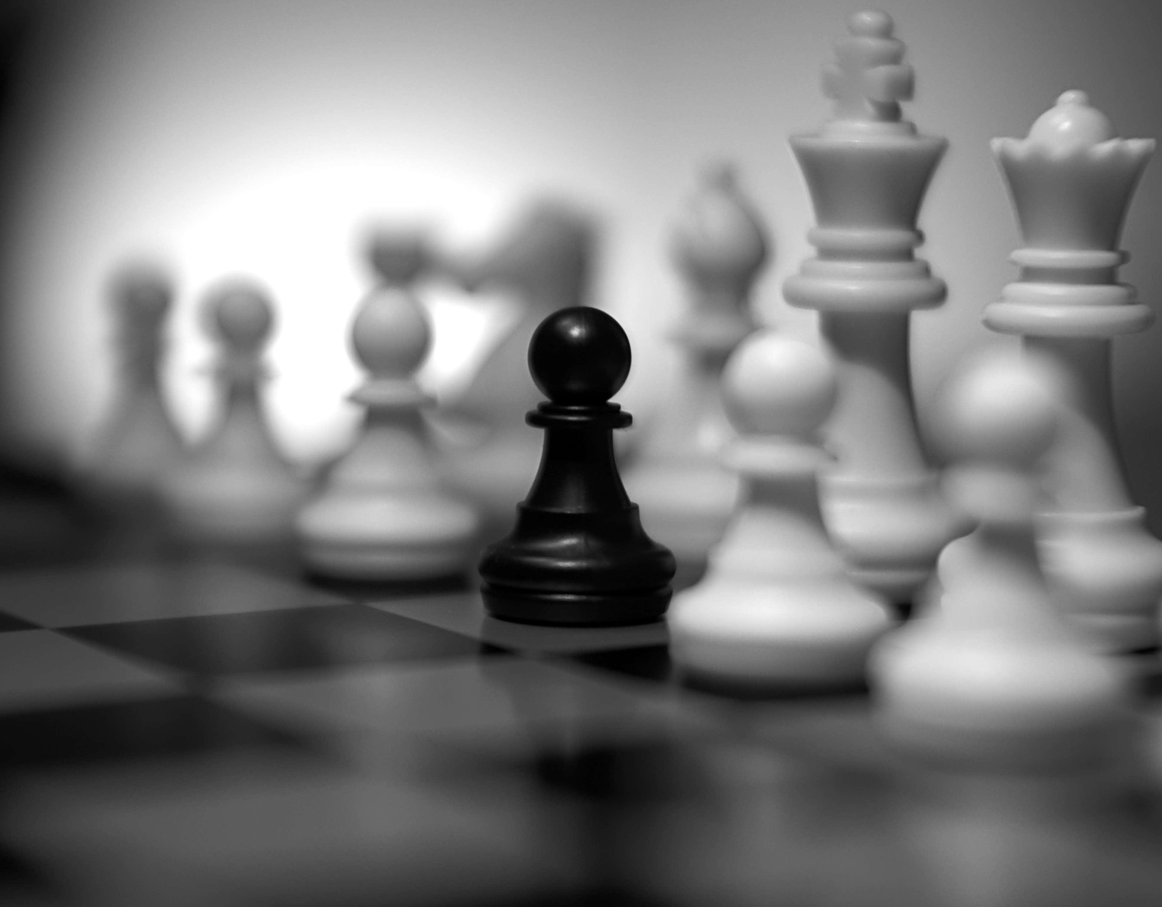 Black And White Chess, black chess pawn, checkered board, 4K Desktop Wallpaper