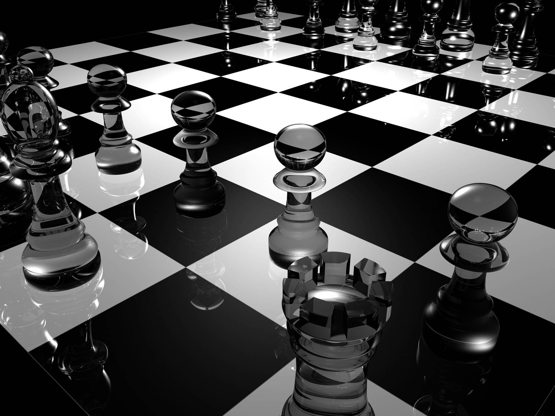 Black And White HD Chess, glossy black and white chess pieces, reflective checkered board, Full HD Desktop Wallpaper
