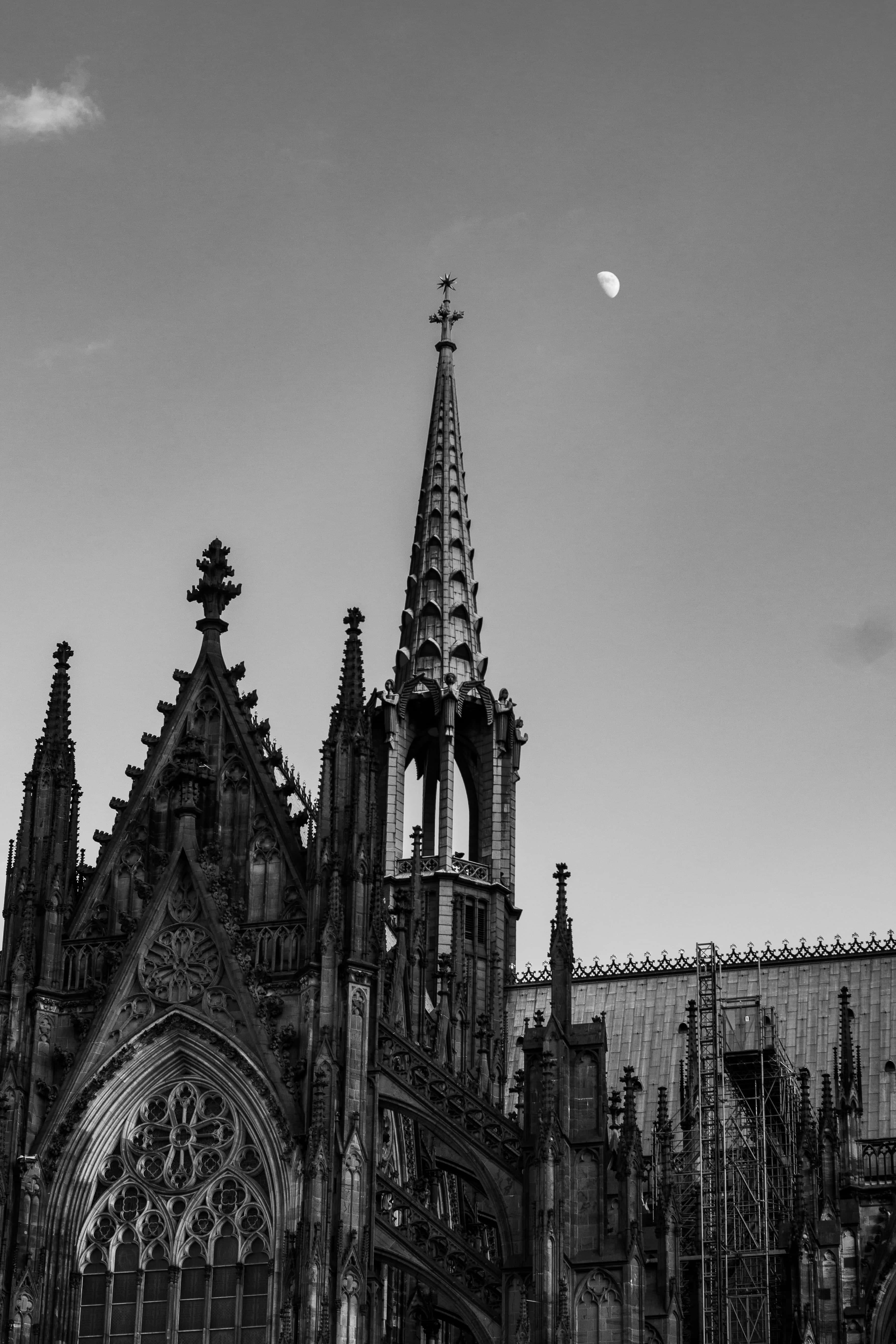 Gothic cathedral, spire, crescent moon, 5K Phone Wallpaper