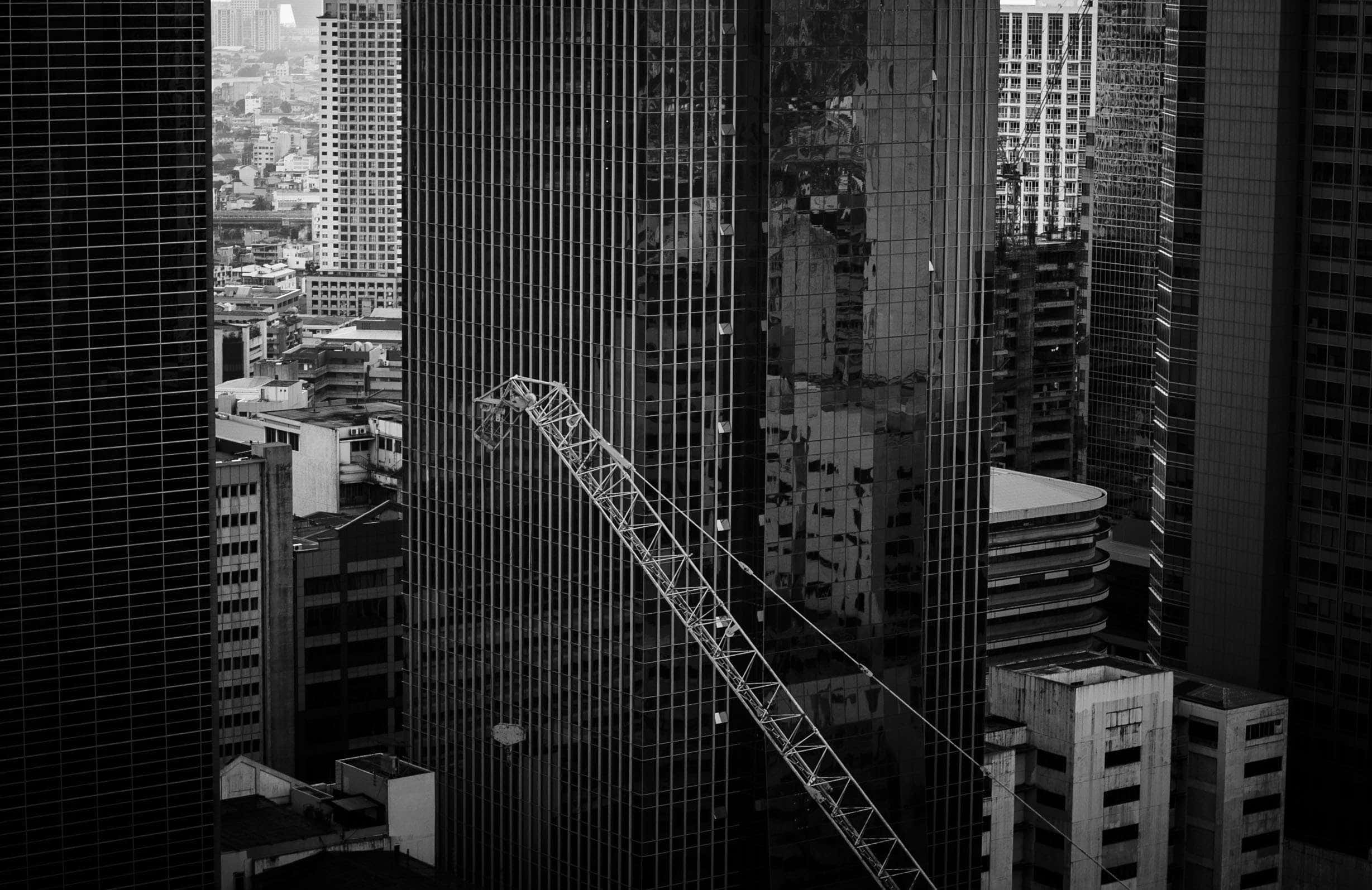 Black And White City, skyscraper glass, crane, Full HD Desktop Wallpaper