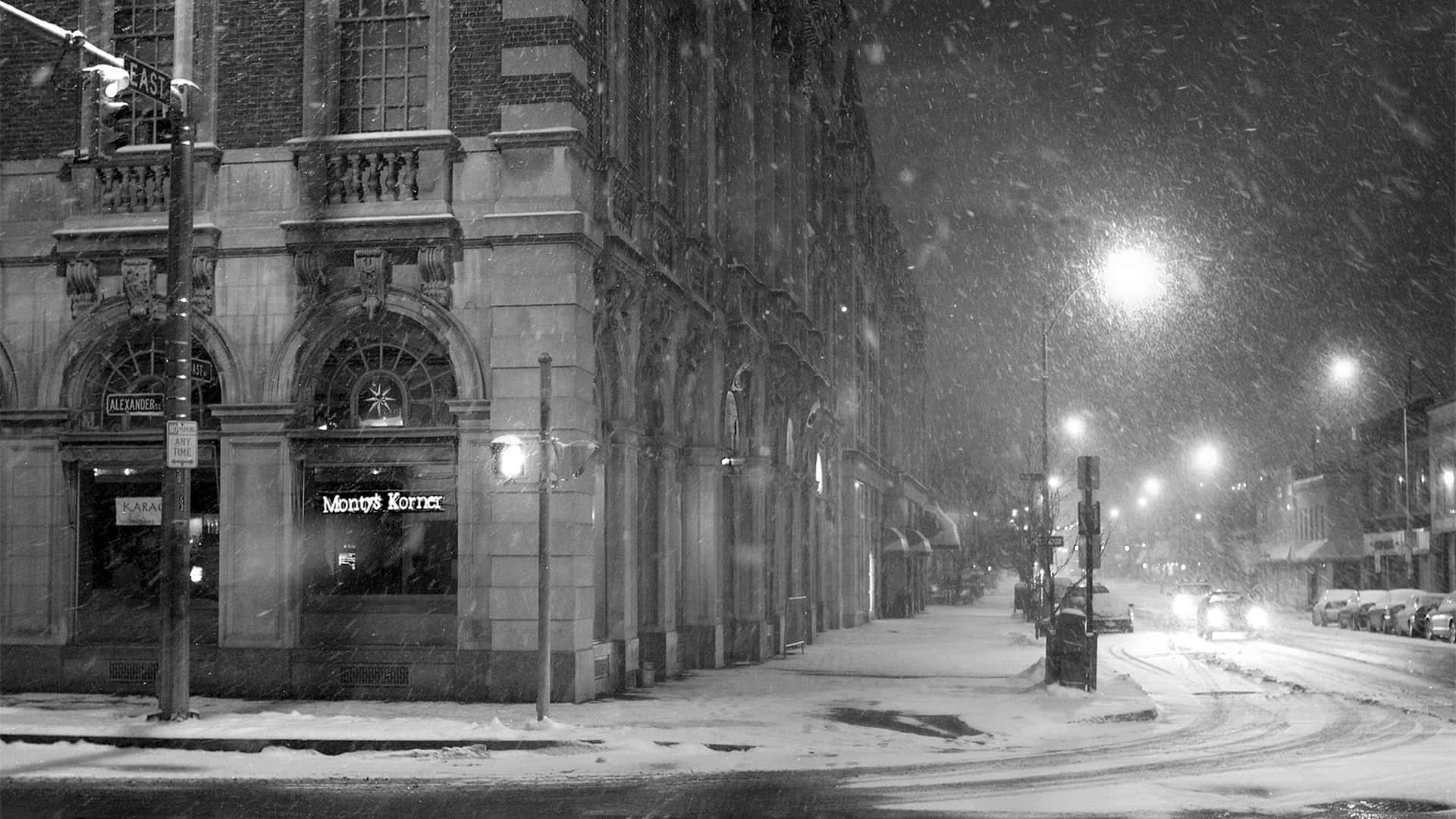 Black And White City, monochrome urban night scene, streetlights, Full HD Desktop Wallpaper
