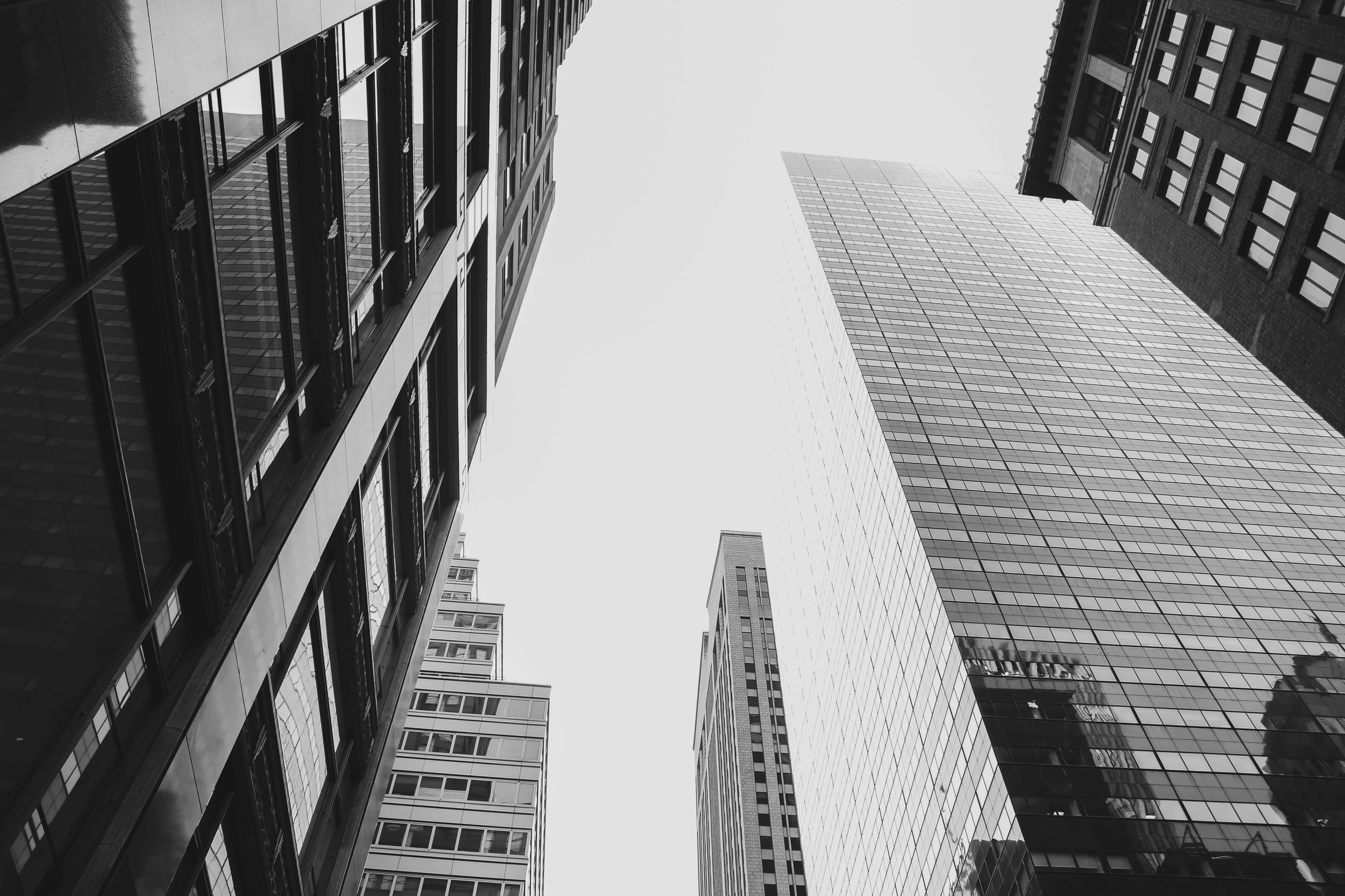 black and white city, aerial view, towering skyscrapers, 5K Desktop Wallpaper