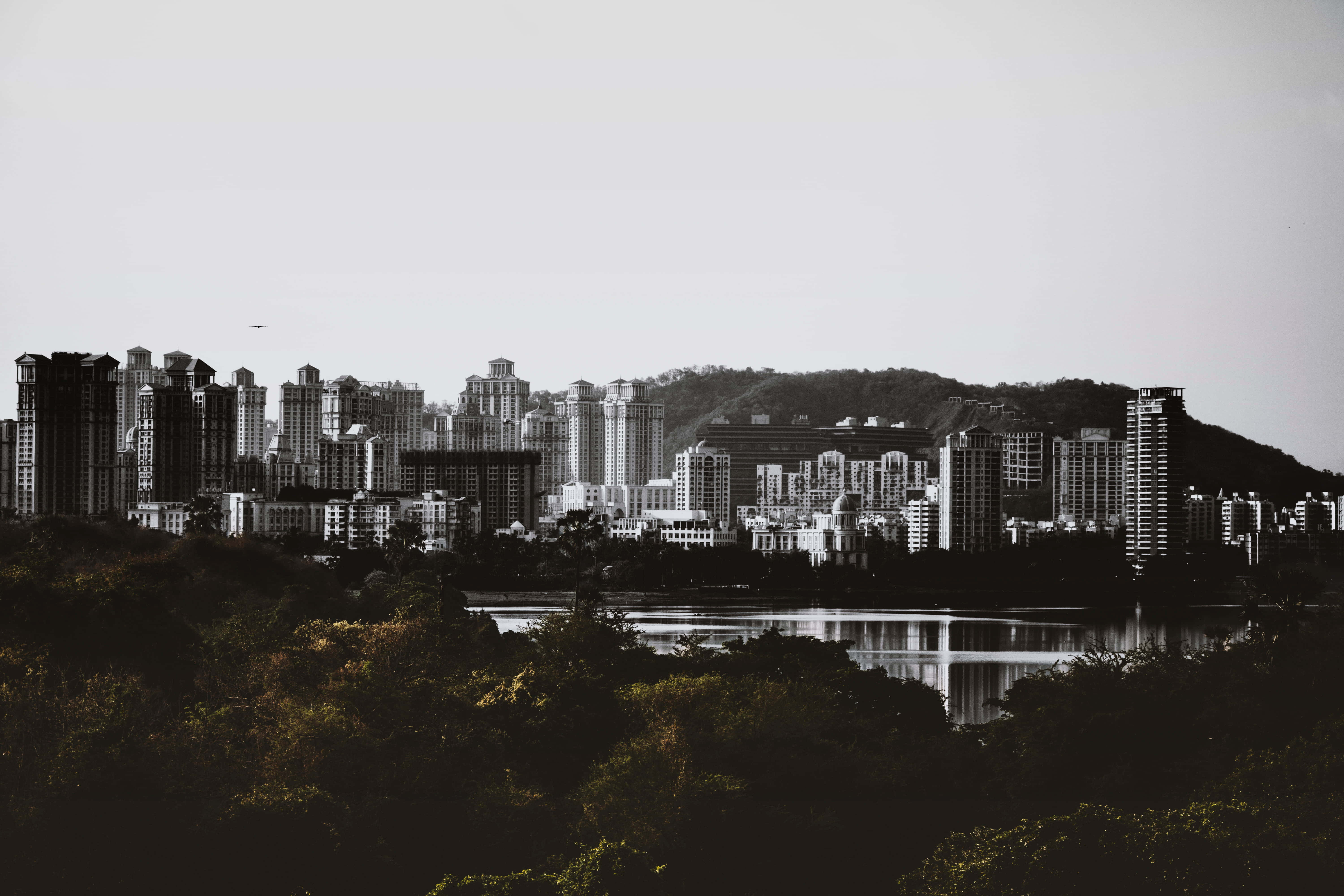 Black And White City, monochrome cityscape, tall buildings, 5K Desktop Wallpaper
