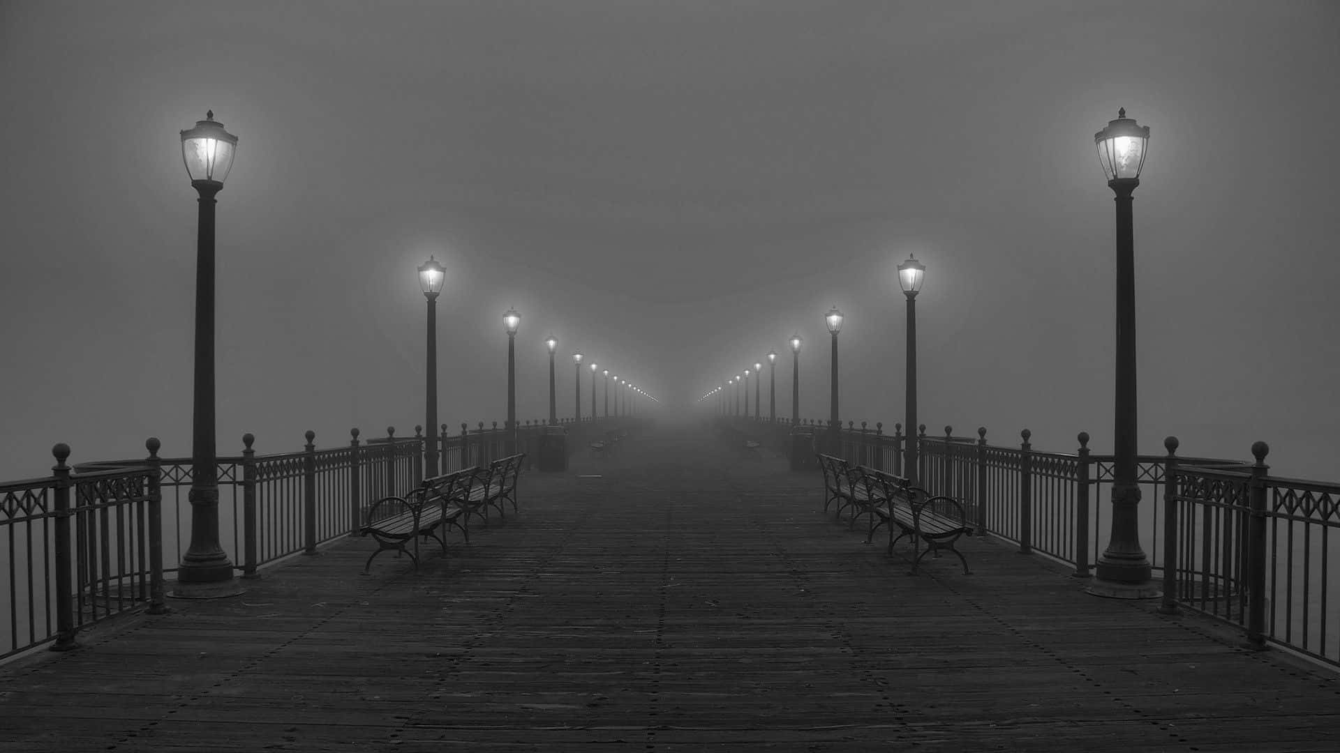 Black and White Urban Street Scene, misty monochrome pier, glowing lanterns, Full HD Desktop Wallpaper