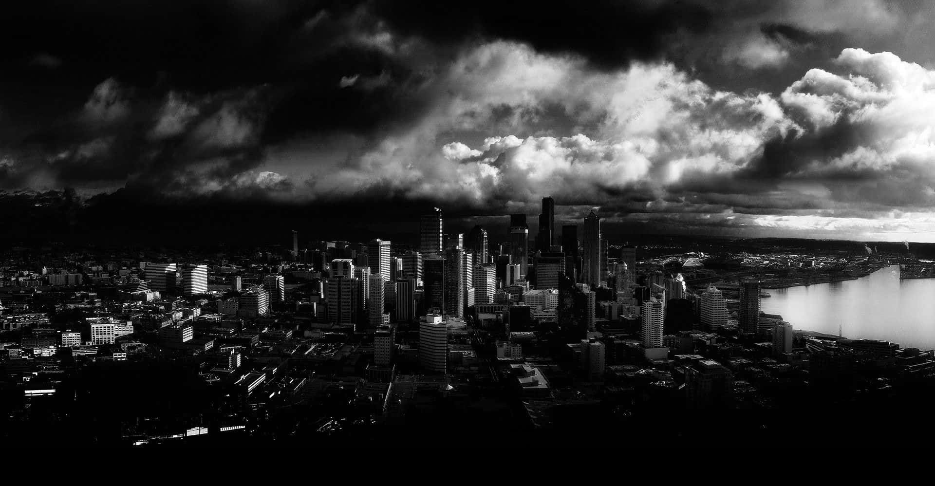 Black And White City, cityscape, stormy sky, Full HD Desktop Wallpaper