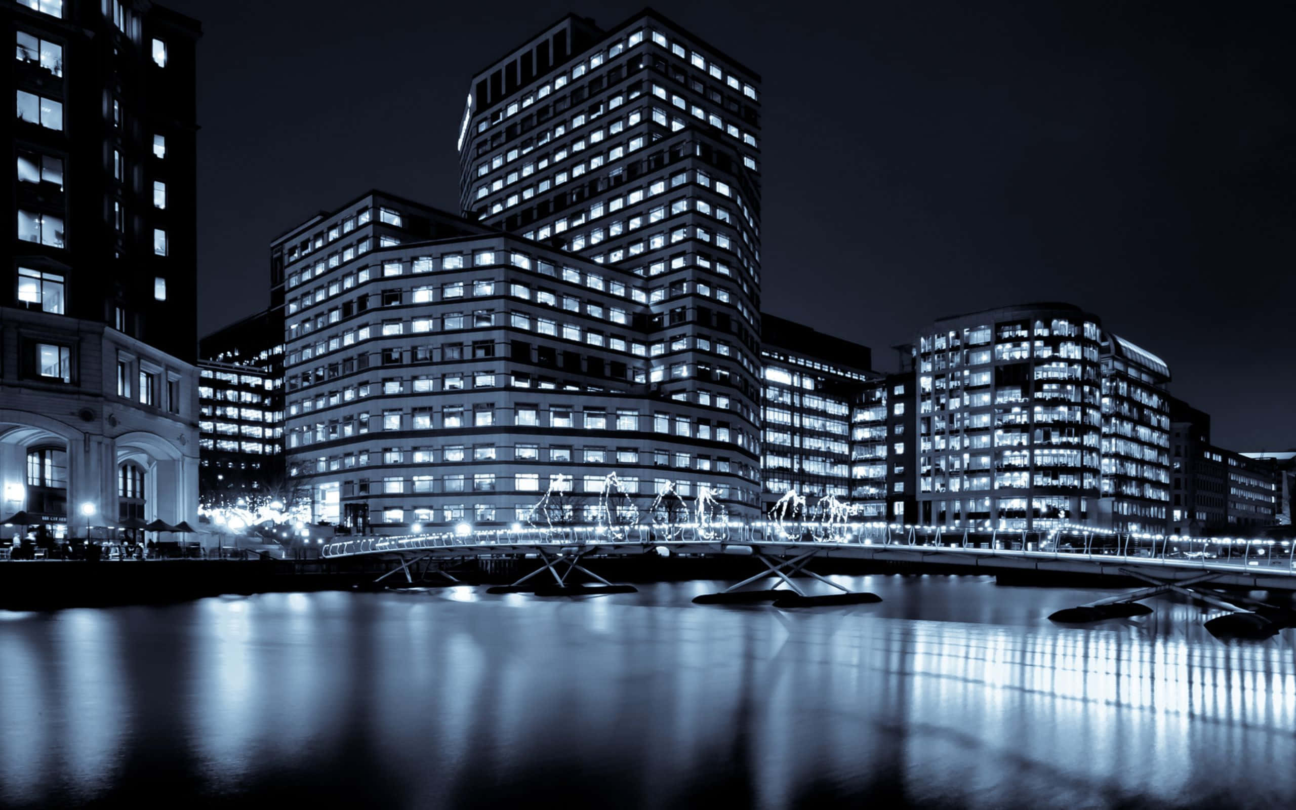 Black And White Cityscape, night cityscape, modern buildings, 2K Desktop Wallpaper