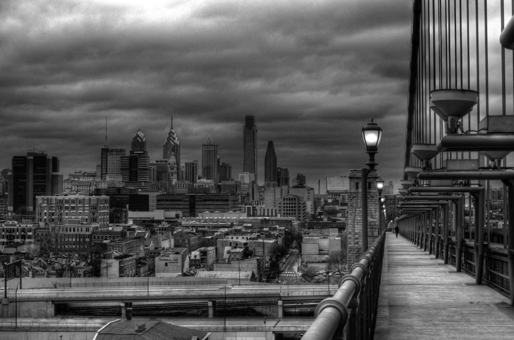 Black And White Cityscape, bridge, dense urban skyline, HD Desktop Wallpaper