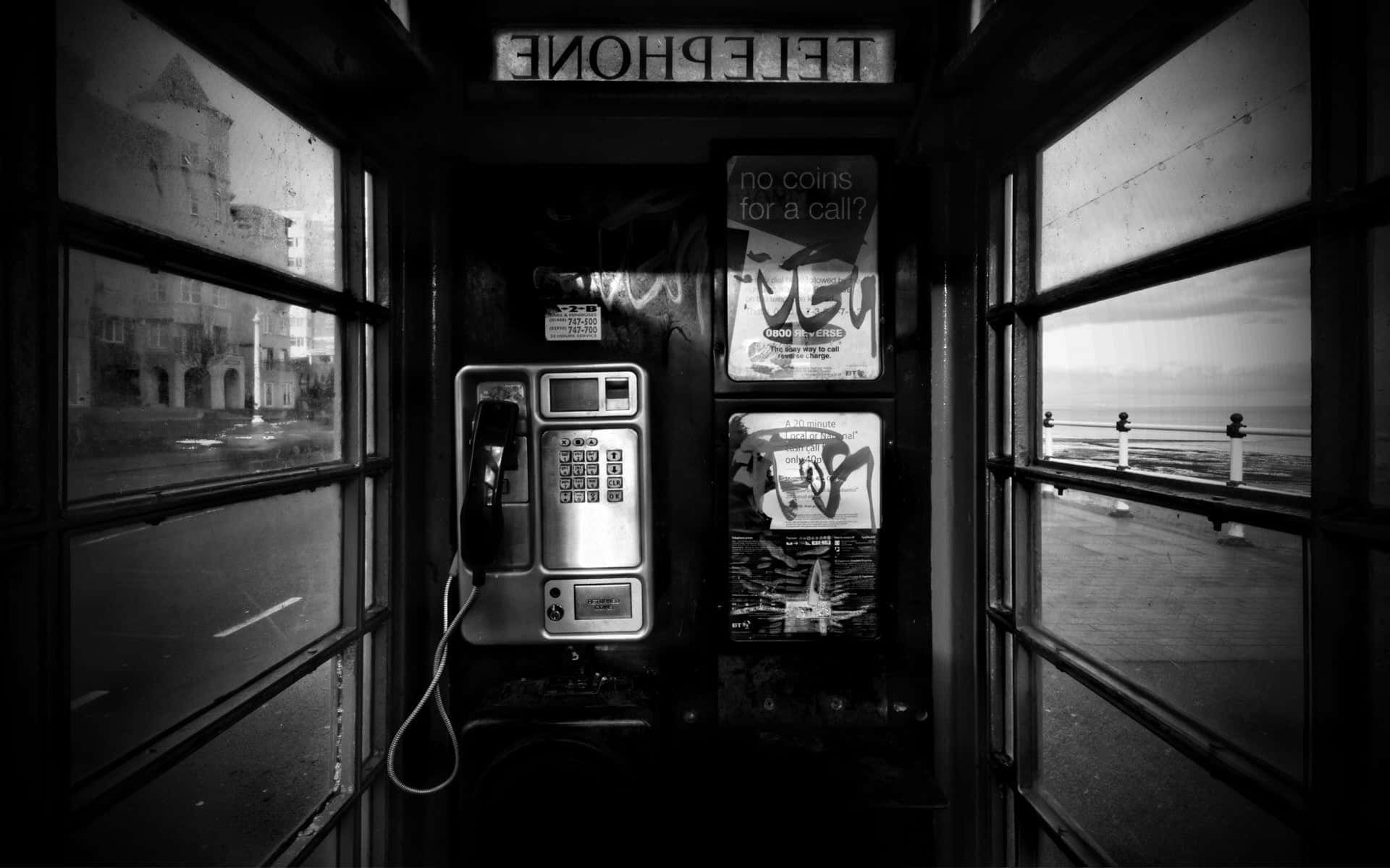 vintage telephone booth, graffiti posters, pier, Full HD Desktop Wallpaper