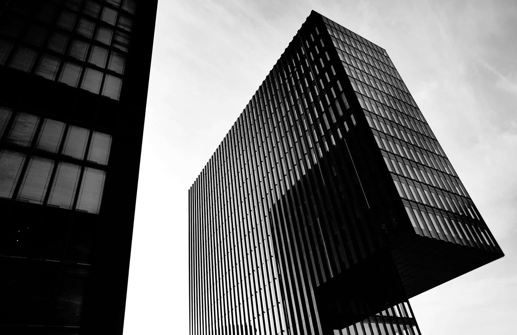black and white city, modern skyscrapers, sharp geometric lines, Full HD Desktop Wallpaper