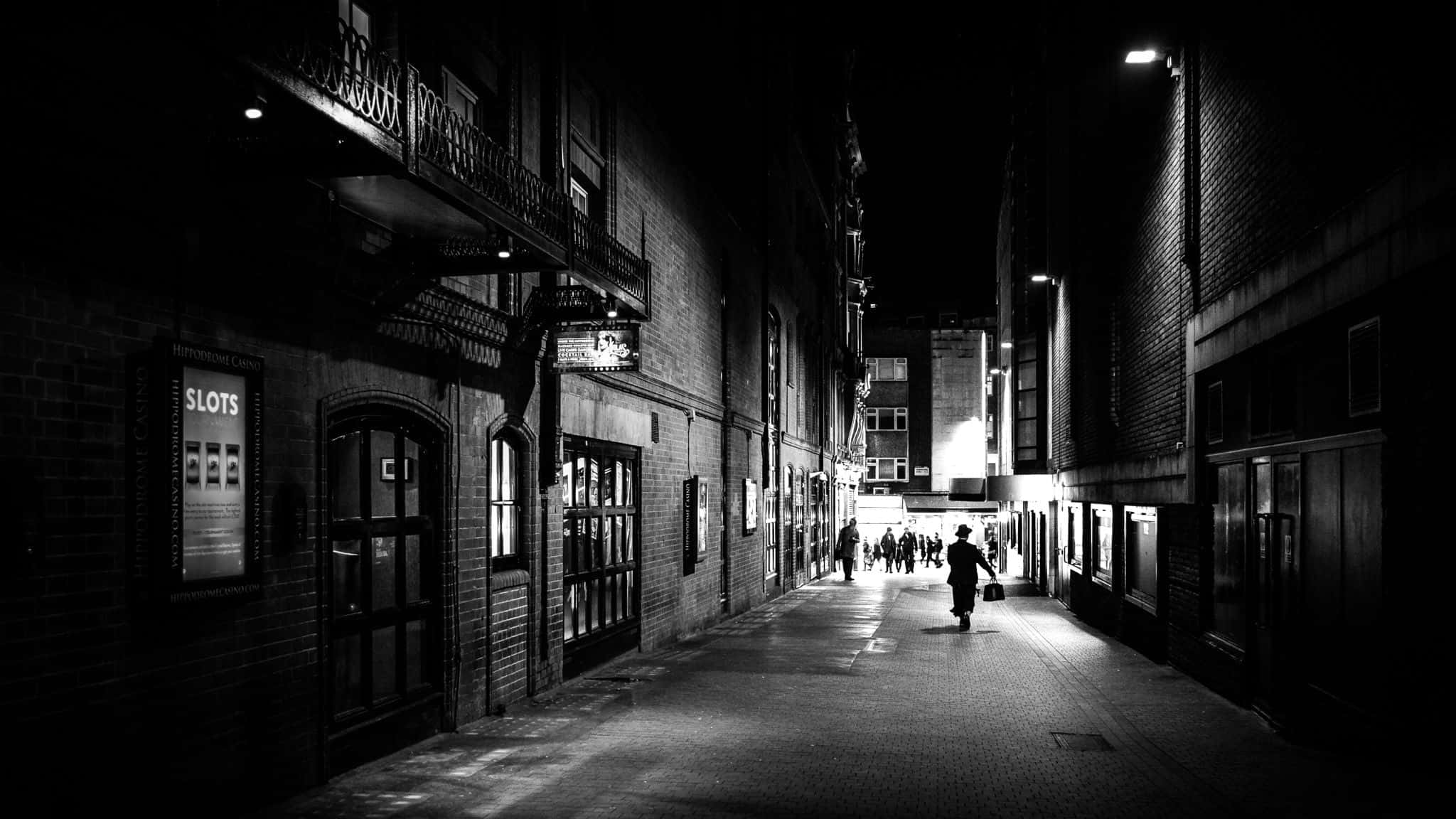 black and white street, urban alley, brick walls, Full HD Desktop Wallpaper