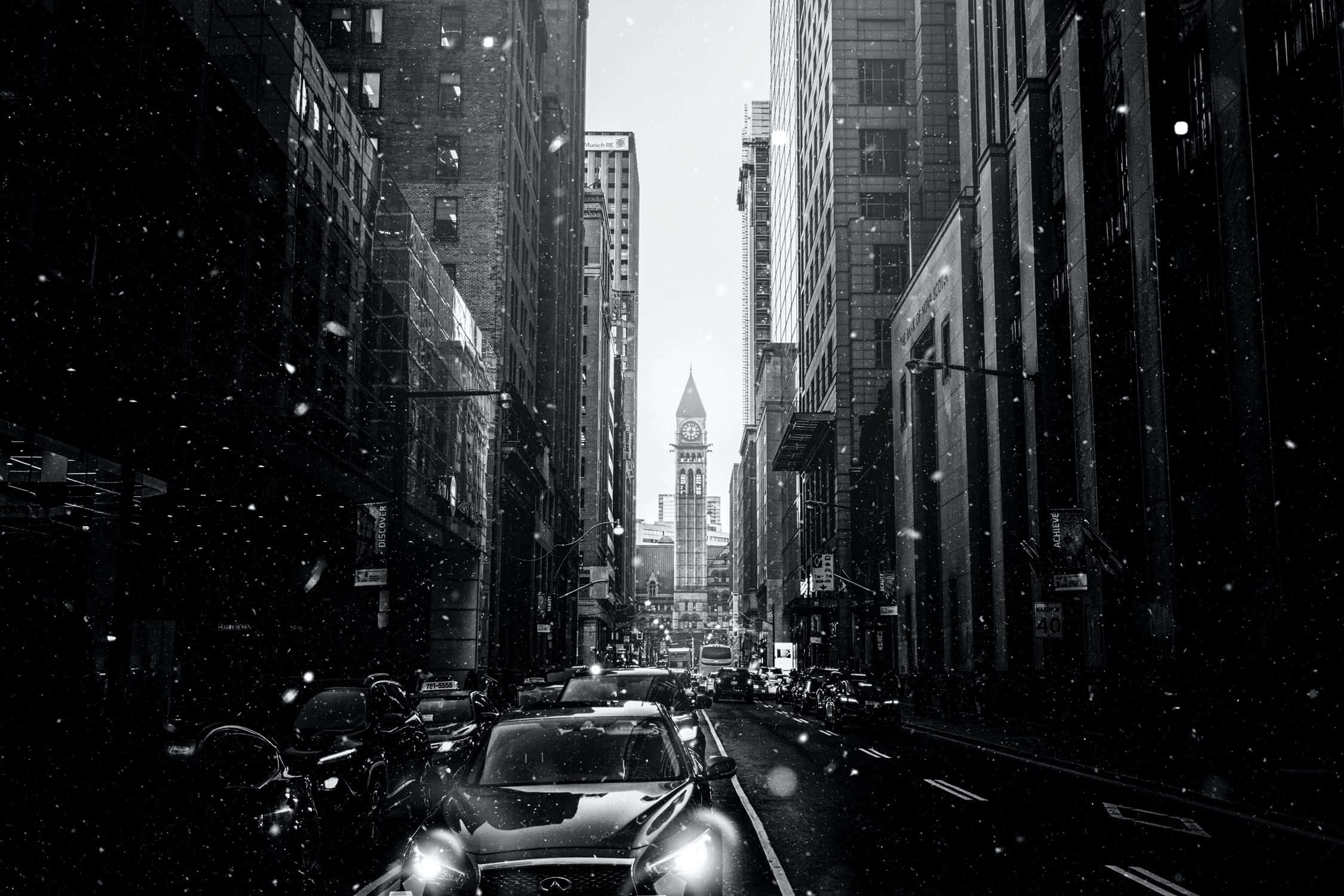 monochrome urban canyon, car headlights, distant clock tower, Full HD Desktop Wallpaper