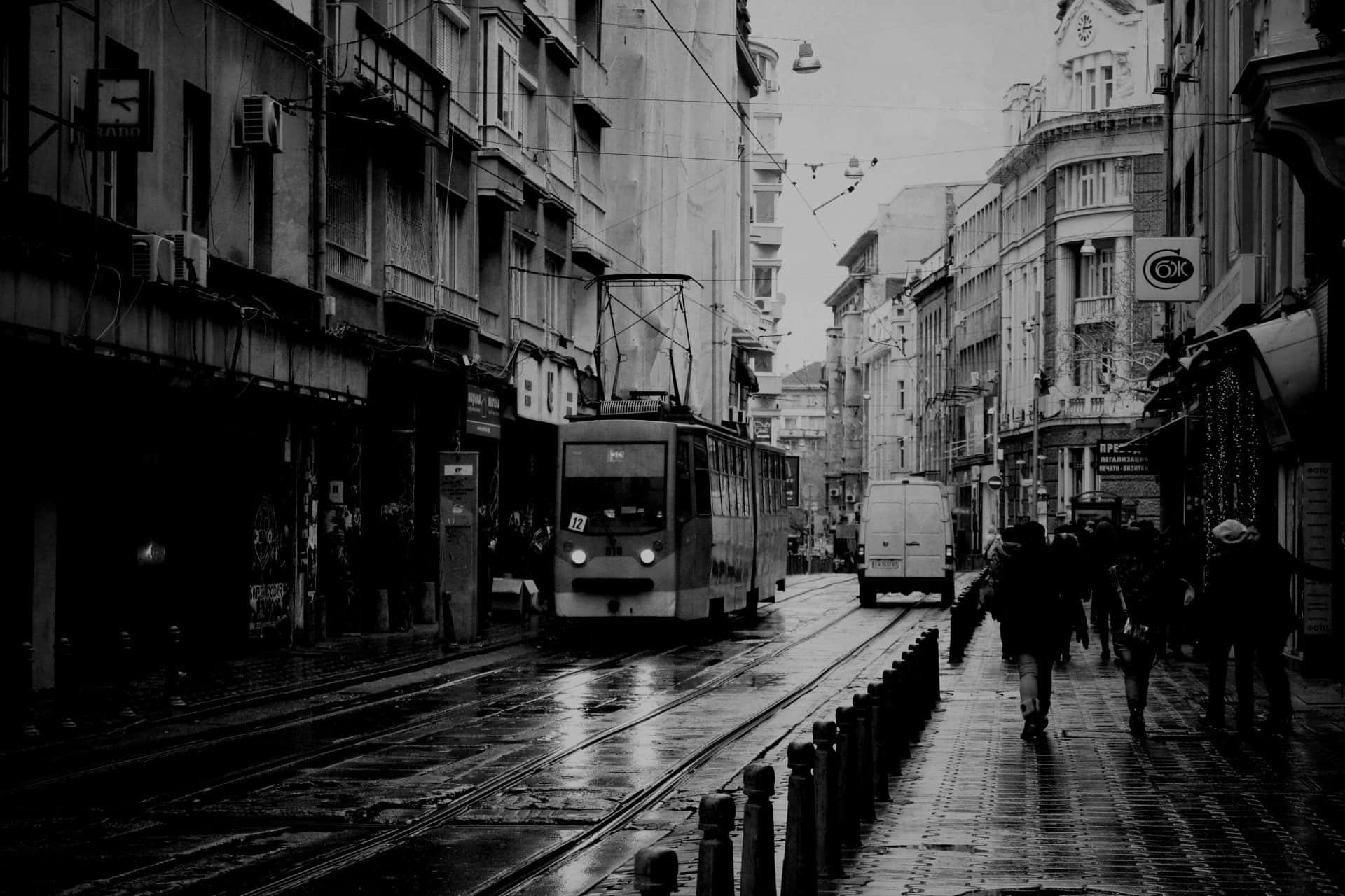 black and white city, rainy urban street, tram, Full HD Desktop Wallpaper