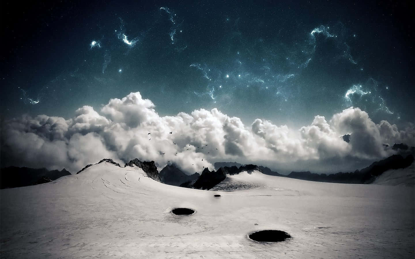 Black And White Cloud, snowy mountain landscape, starry night sky, HD Desktop Wallpaper
