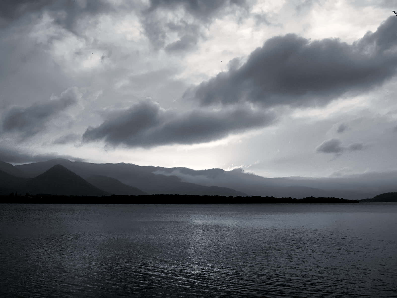 black and white sky, billowy clouds, moody lake, HD Desktop Wallpaper