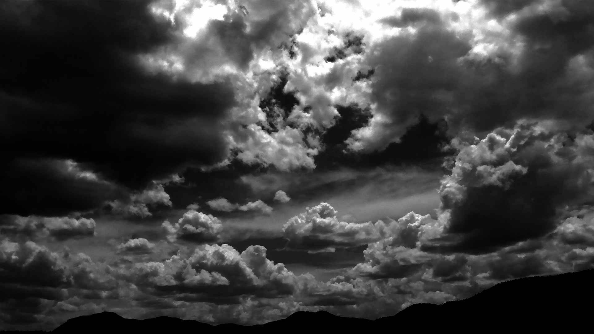 Black And White Photography Sky, monochrome clouds, dark mountain silhouette, Full HD Desktop Wallpaper