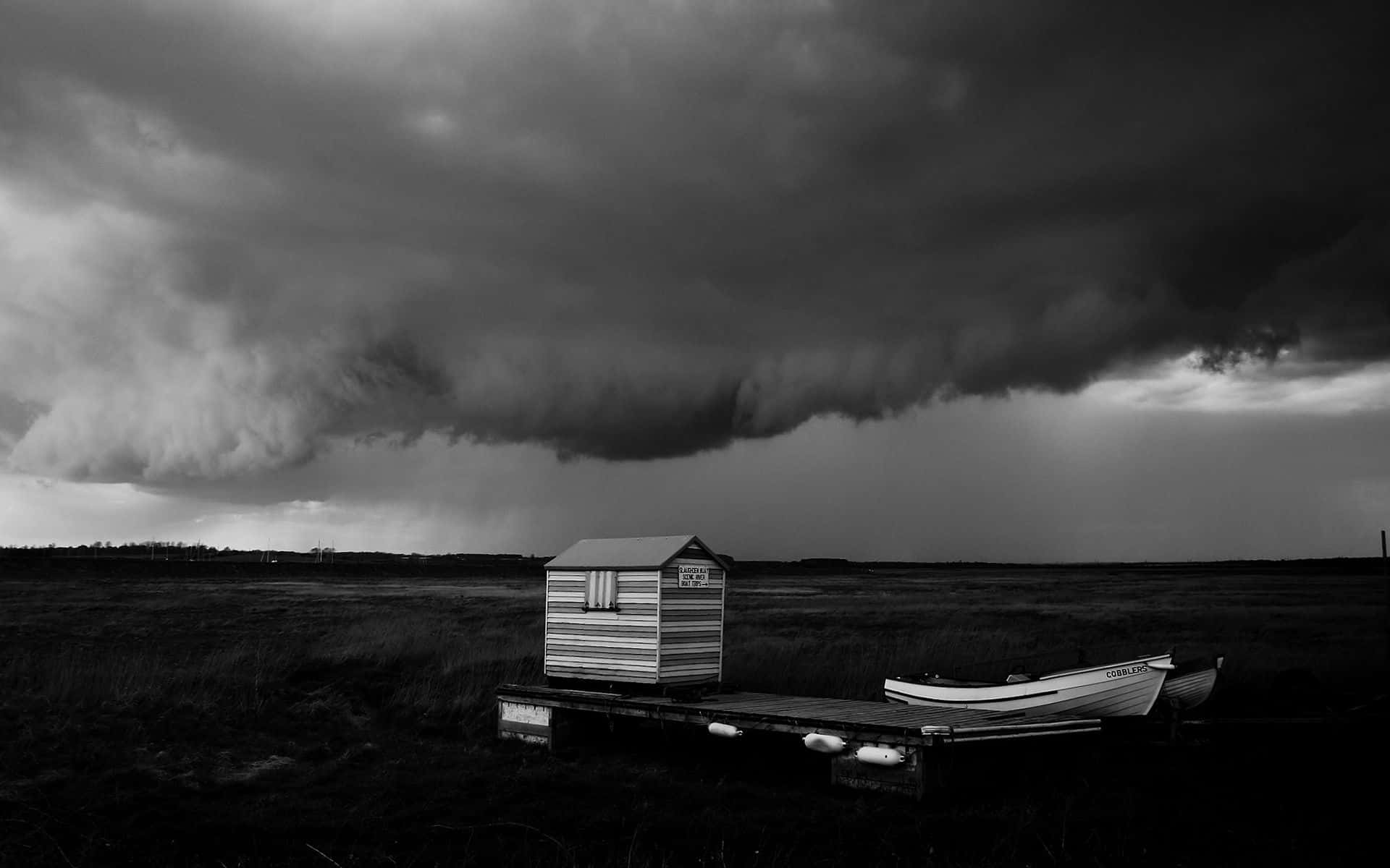 Black and White Storm, wooden shed, boat, Full HD Desktop Wallpaper