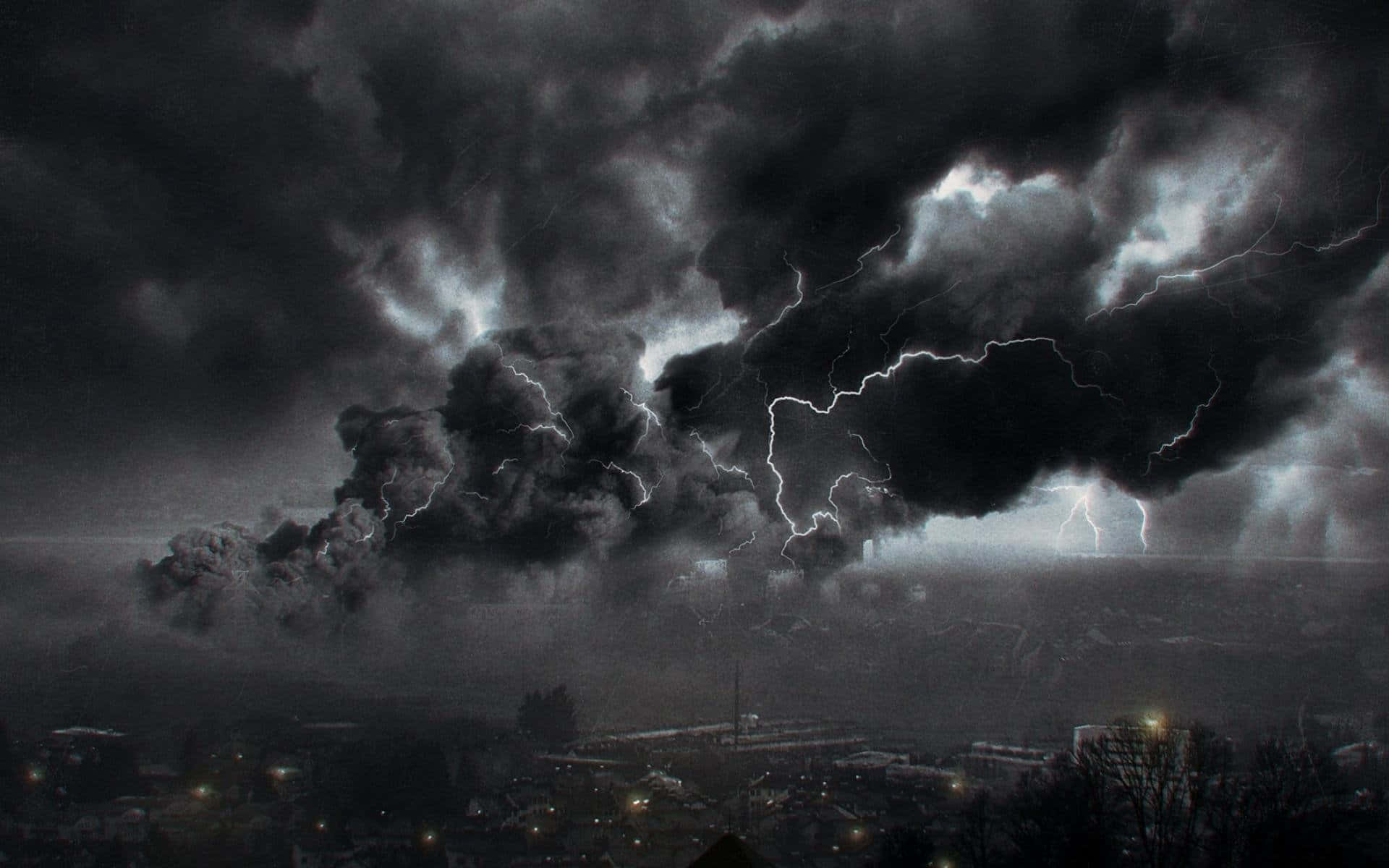 Black And White Cloud, lightning storm, cityscape, Full HD Desktop Wallpaper
