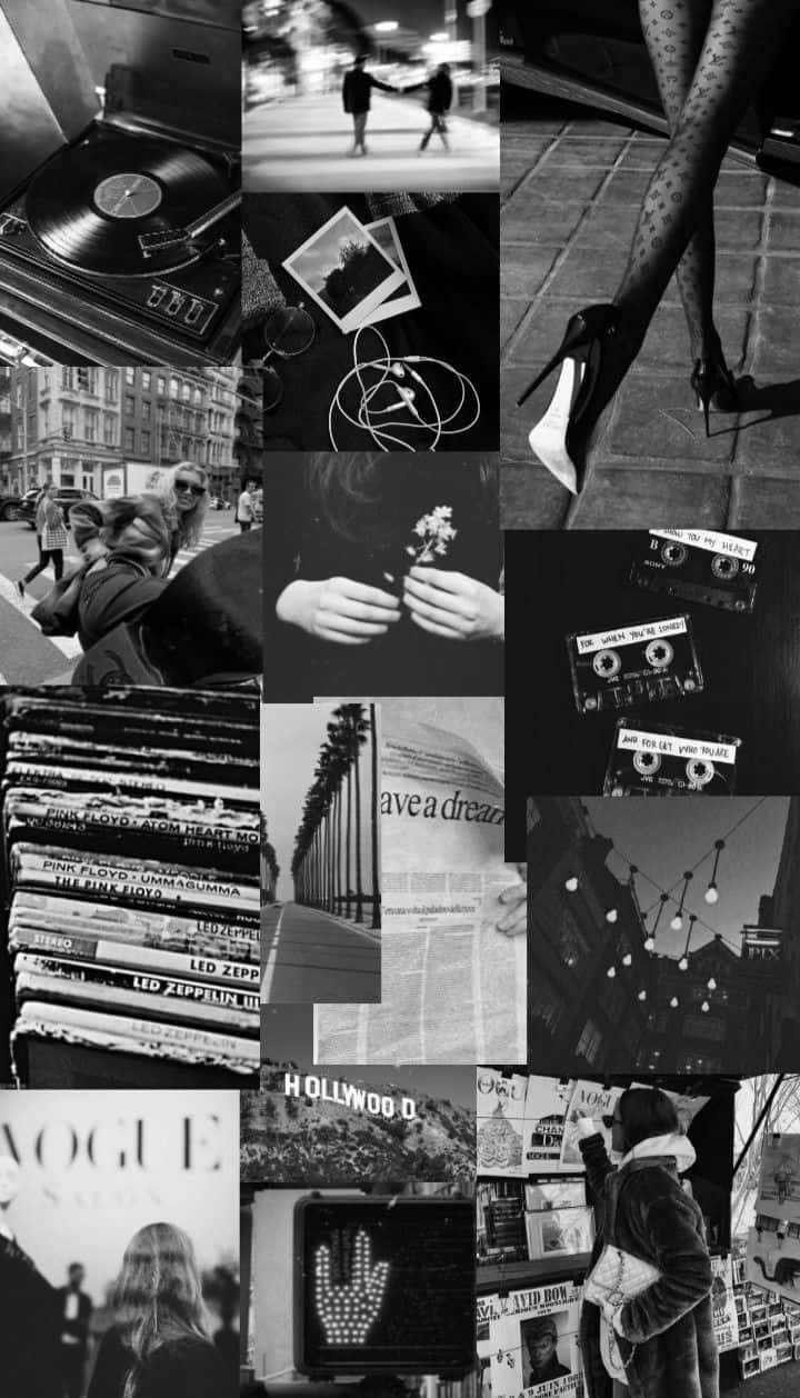 black and white collage, vintage music tapes, vinyl records, SD Phone Wallpaper