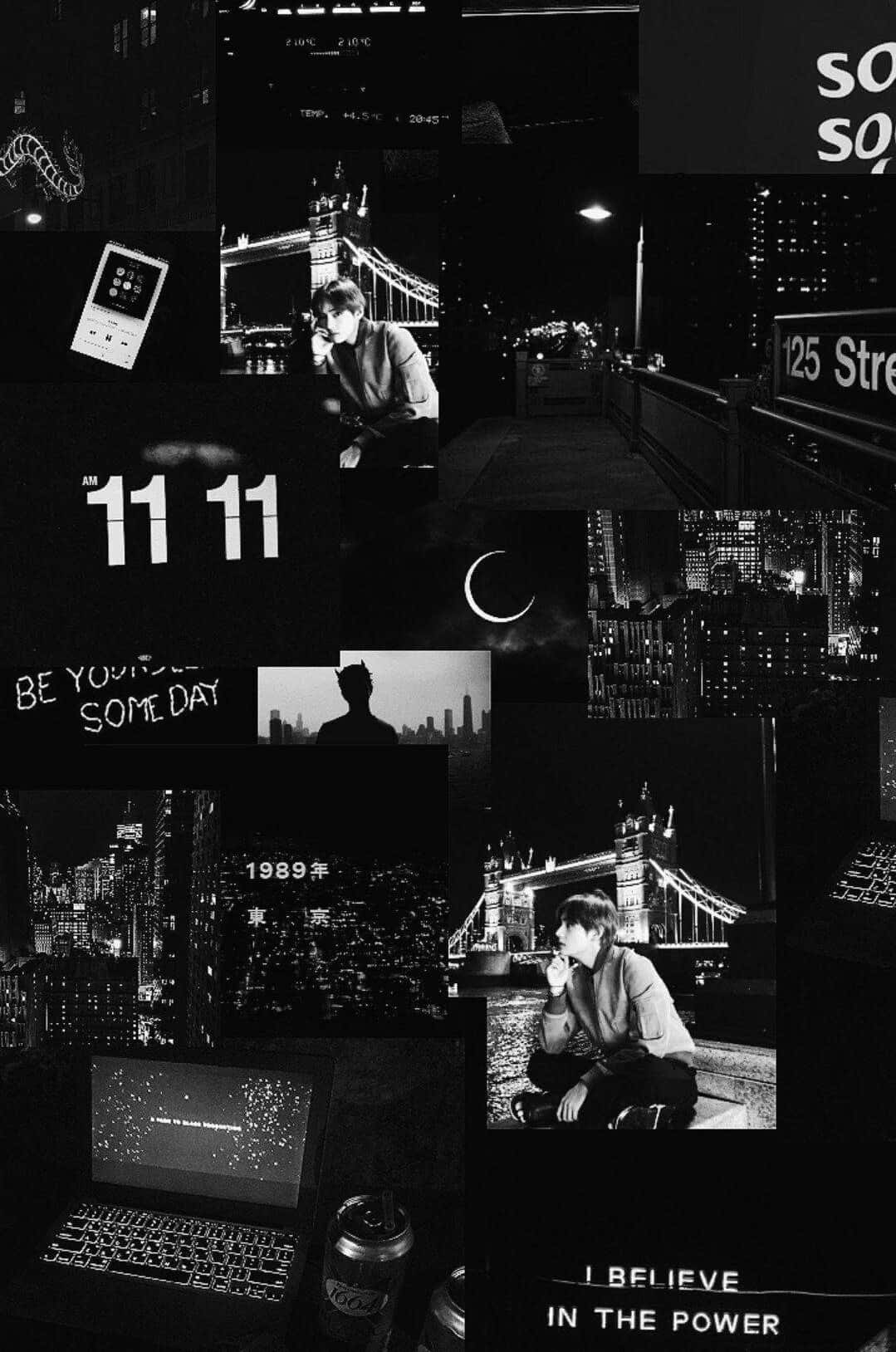 black and white collage, urban night scenes, city lights, HD Phone Wallpaper