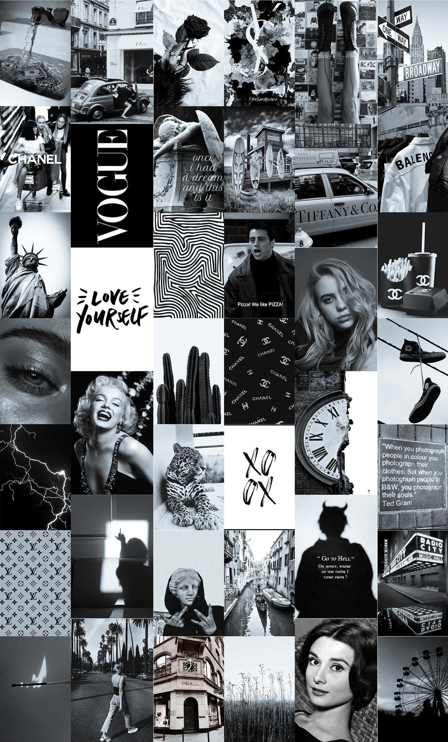 black and white collage, iconic fashion culture moments, celebrities, 2K Phone Wallpaper