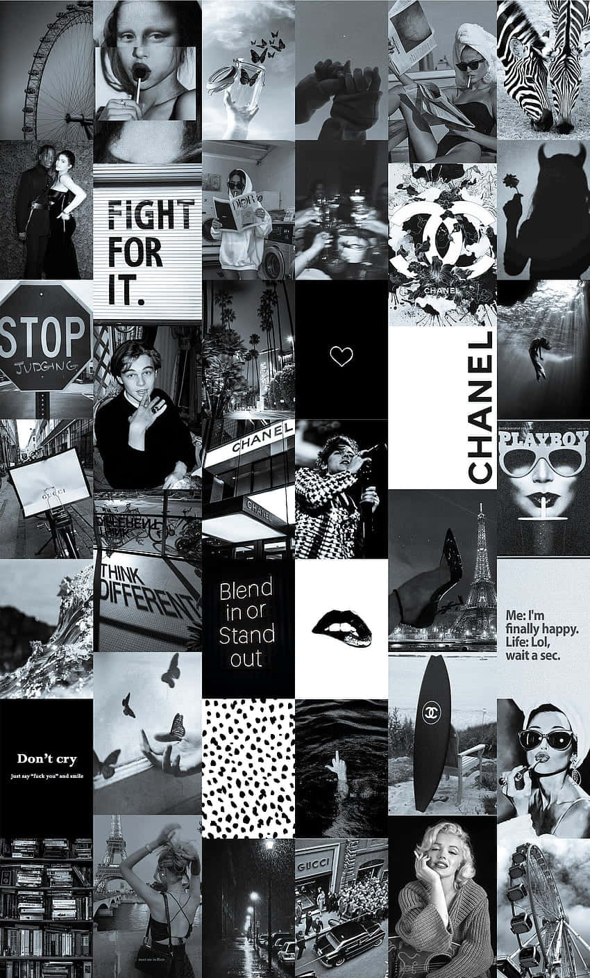 black and white collage, pop culture moments, fashion logos, HD Phone Wallpaper