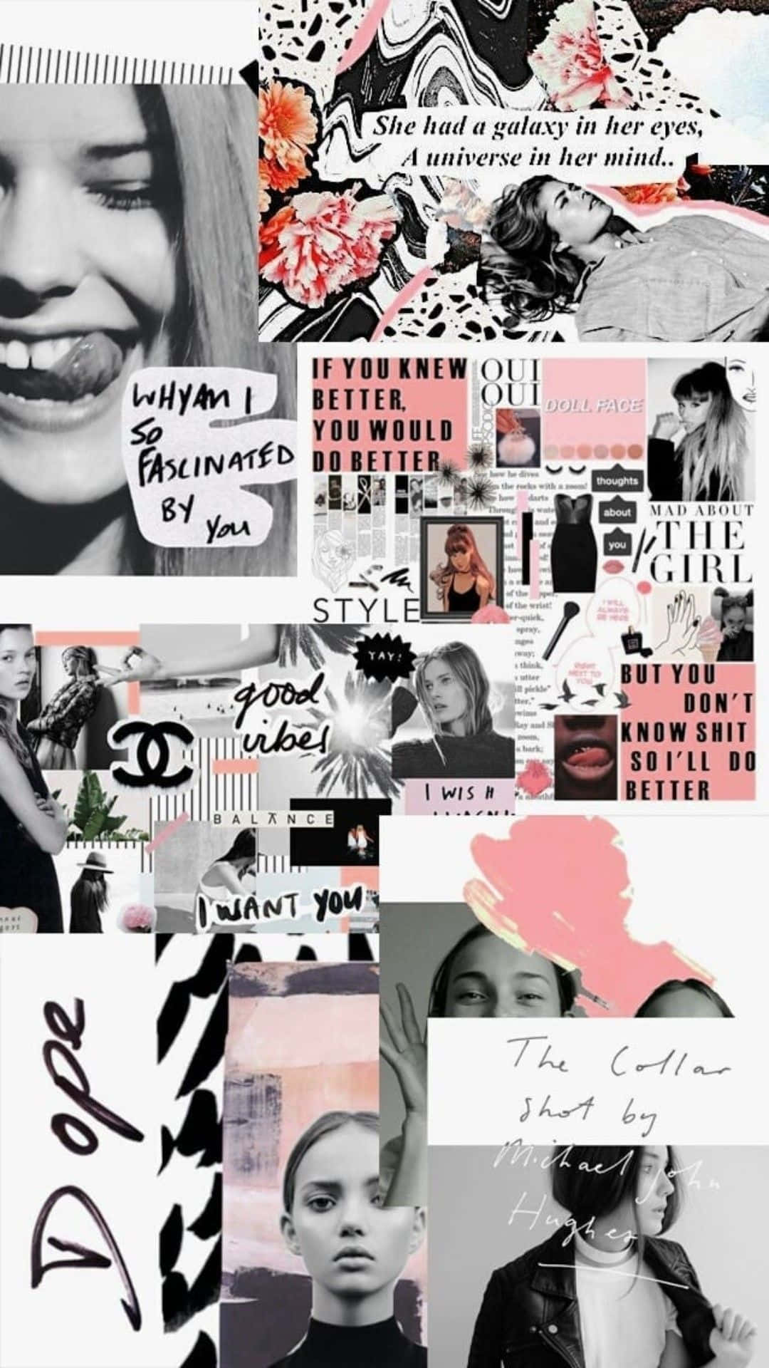 black and white collage, pink, black, Full HD Phone Wallpaper