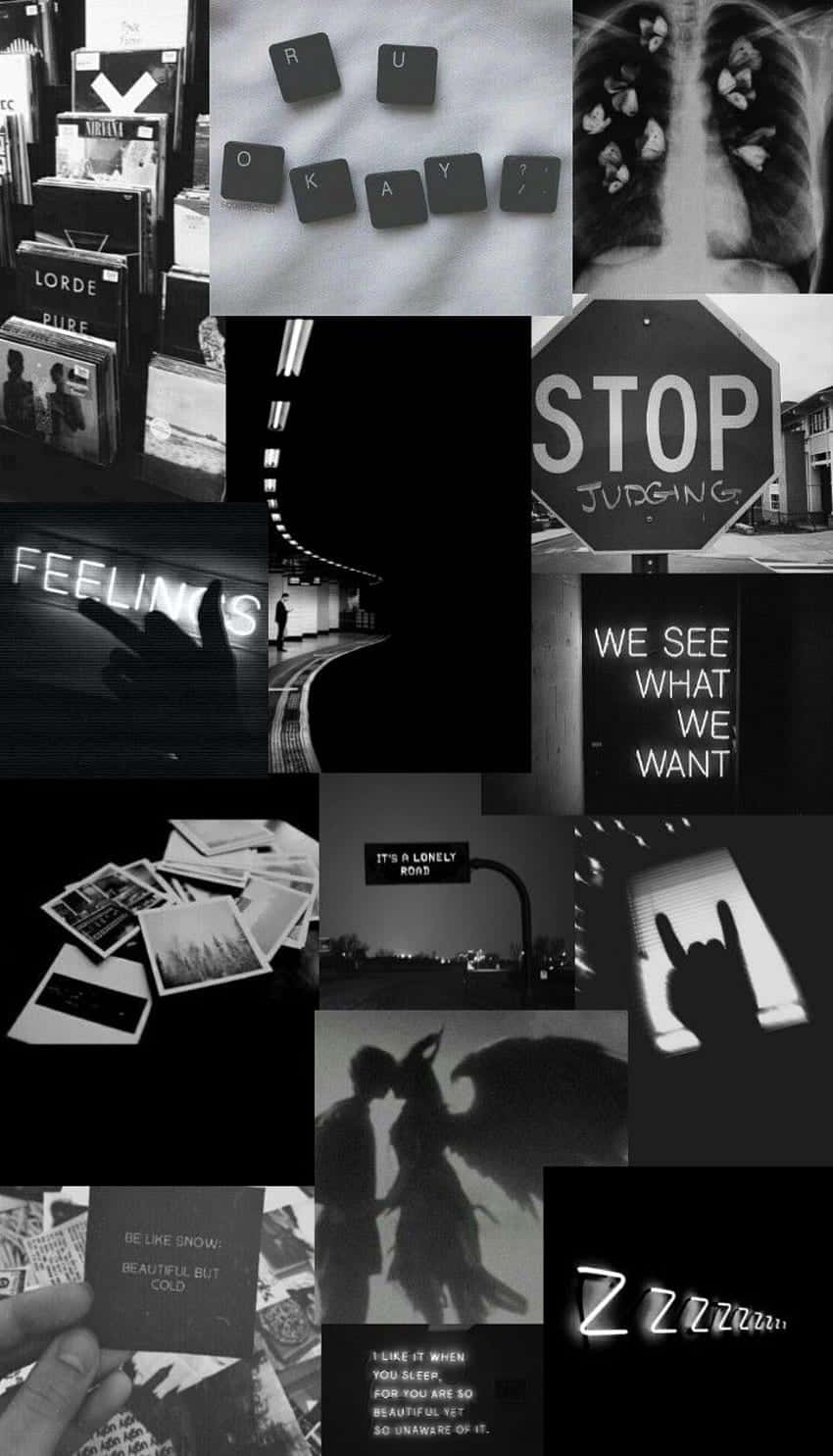 black and white collage, text art, stop sign, HD Phone Wallpaper