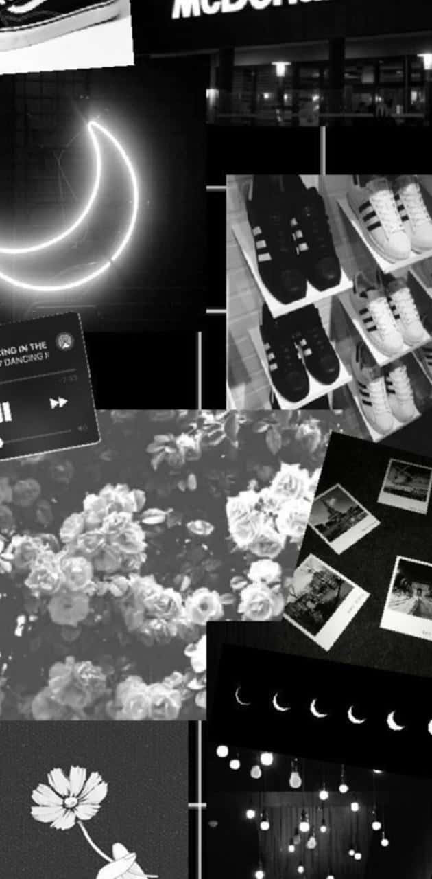 black and white collage, moon neon signs, sneakers, HD Phone Wallpaper