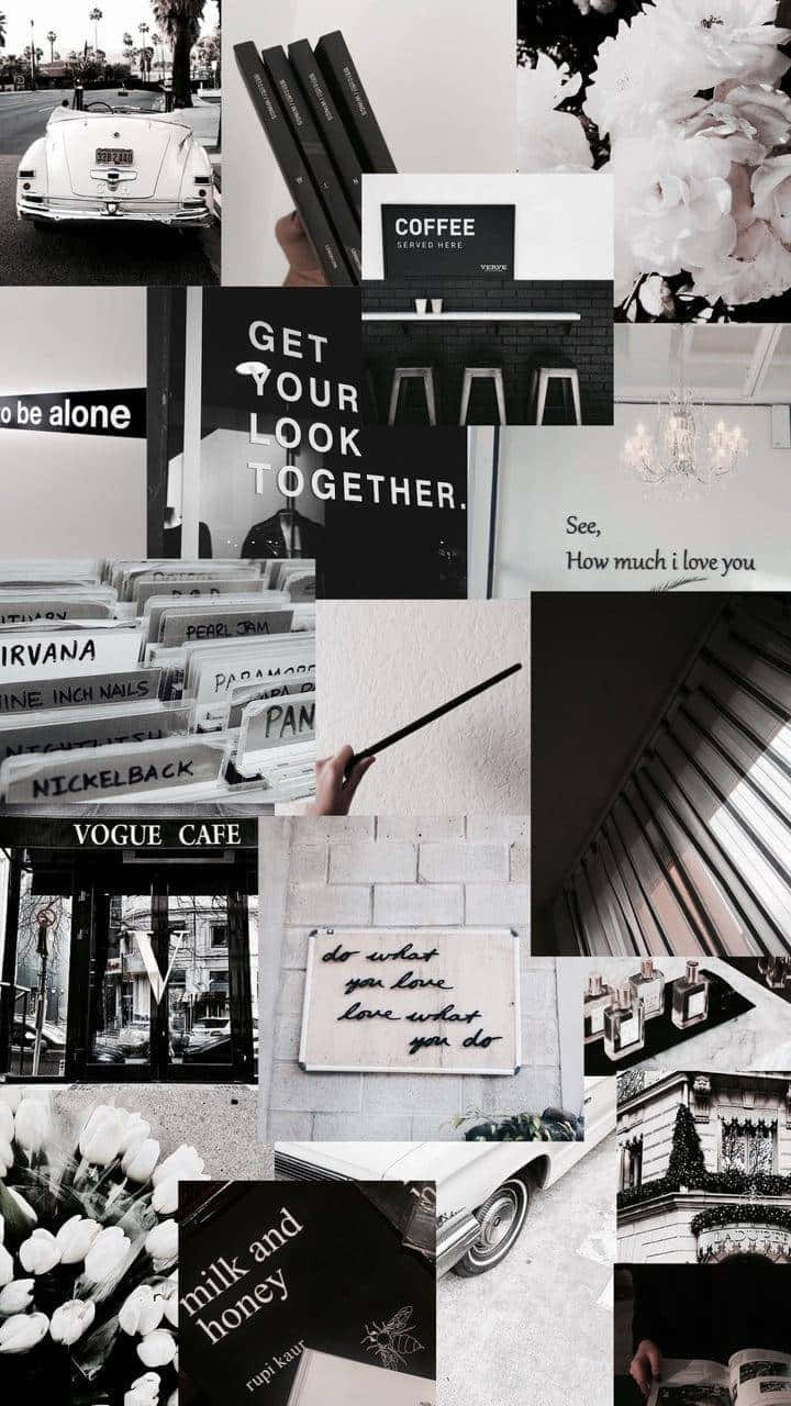 black and white collage, vintage cars, coffee signs, HD Phone Wallpaper