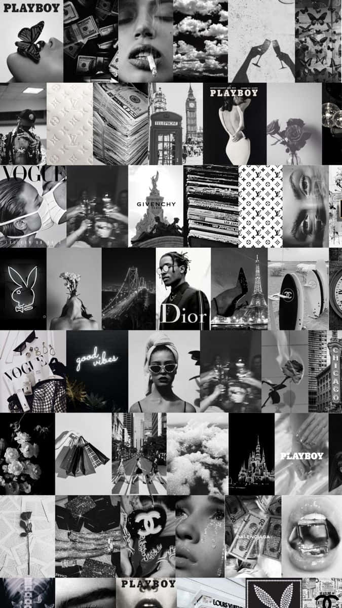 Black And White Collage, luxury fashion icons, luxury brands, SD Phone Wallpaper