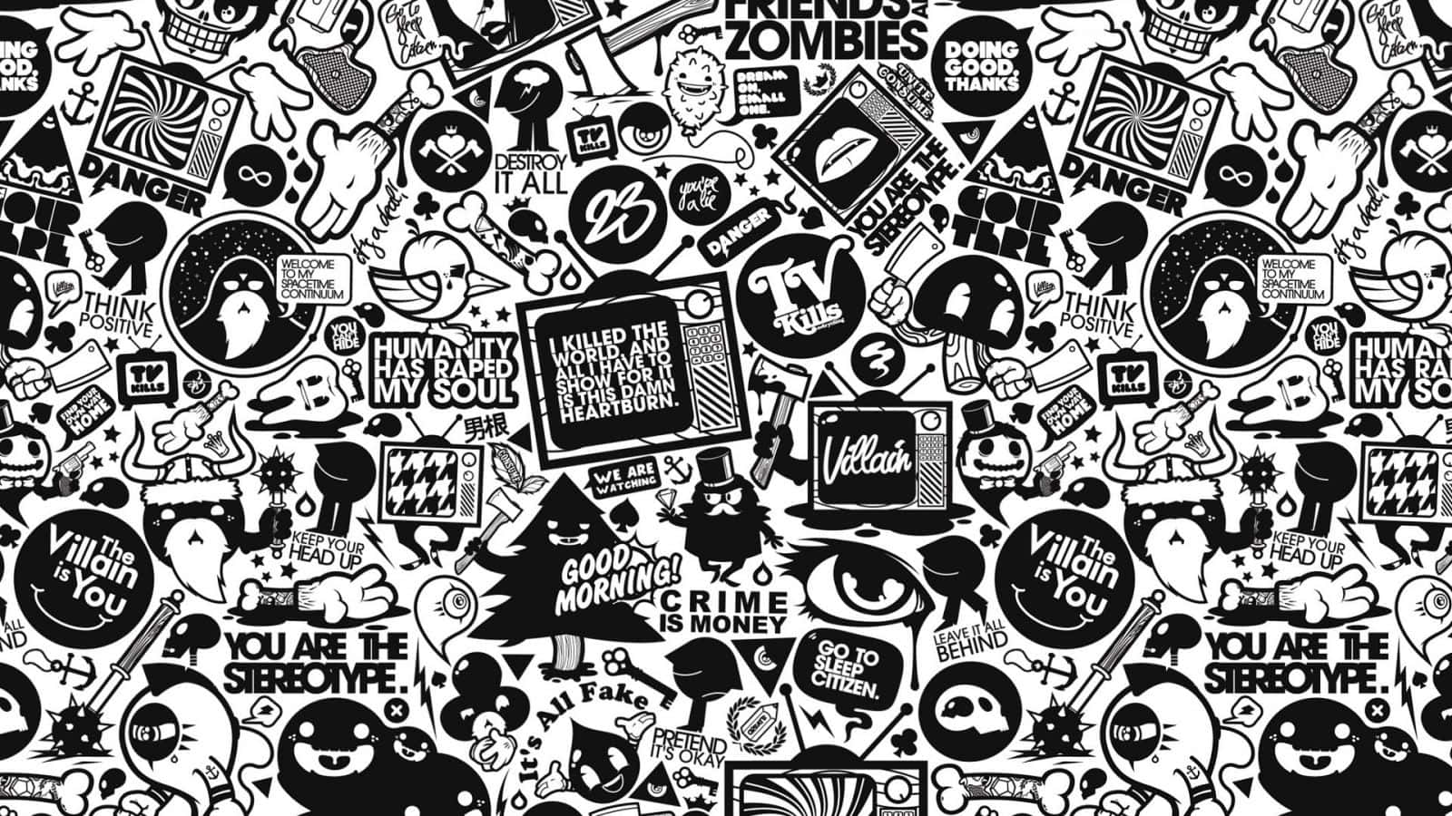 black and white collage, cartoonish stickers, edgy phrases, HD Desktop Wallpaper