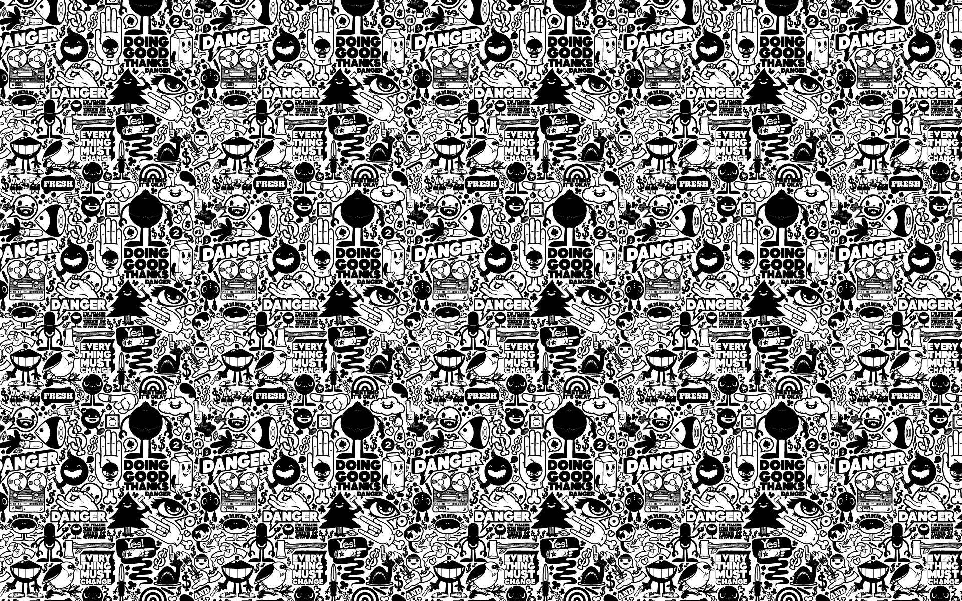 black and white art patterns, doodles, skulls, Full HD Desktop Wallpaper