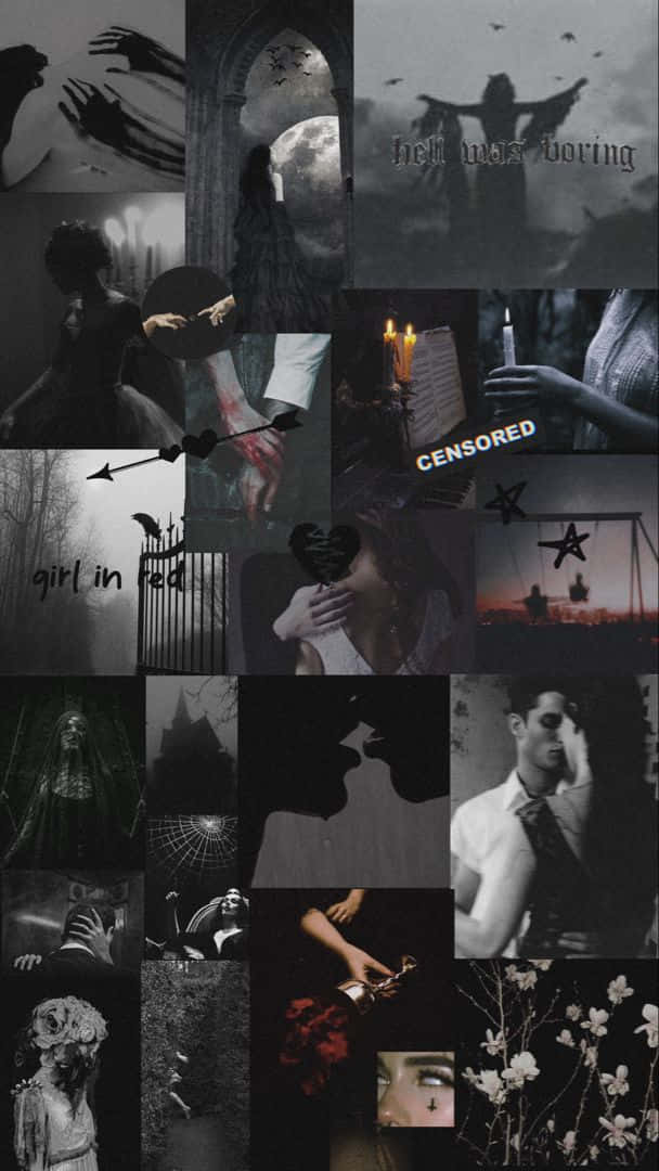 Dark Romance Collage Aesthetic, black and red tones, haunted imagery, SD Phone Wallpaper