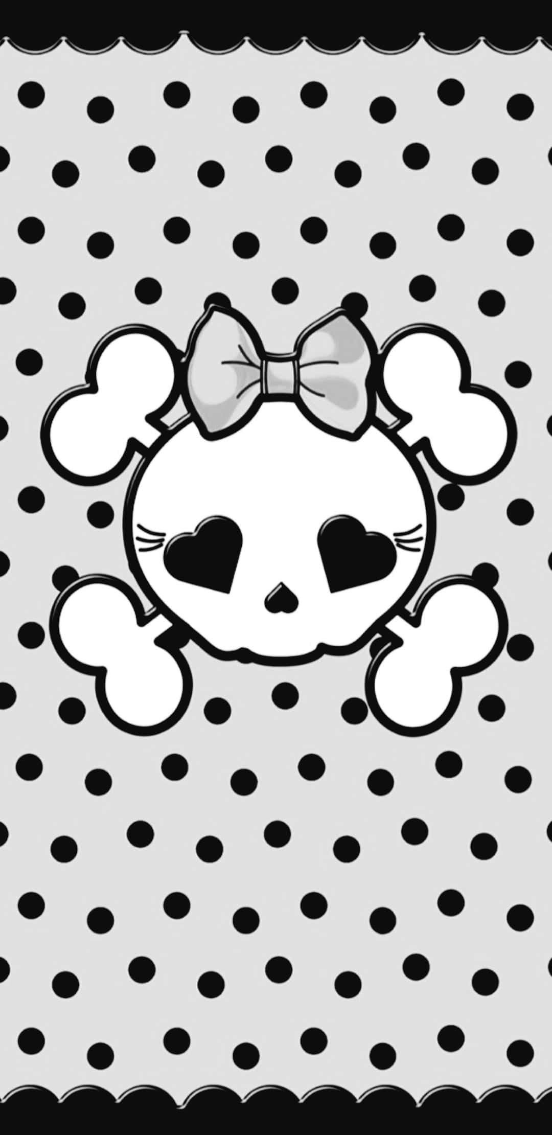 black polka dot background, cartoon skull, heart eyes, Full HD Phone Wallpaper