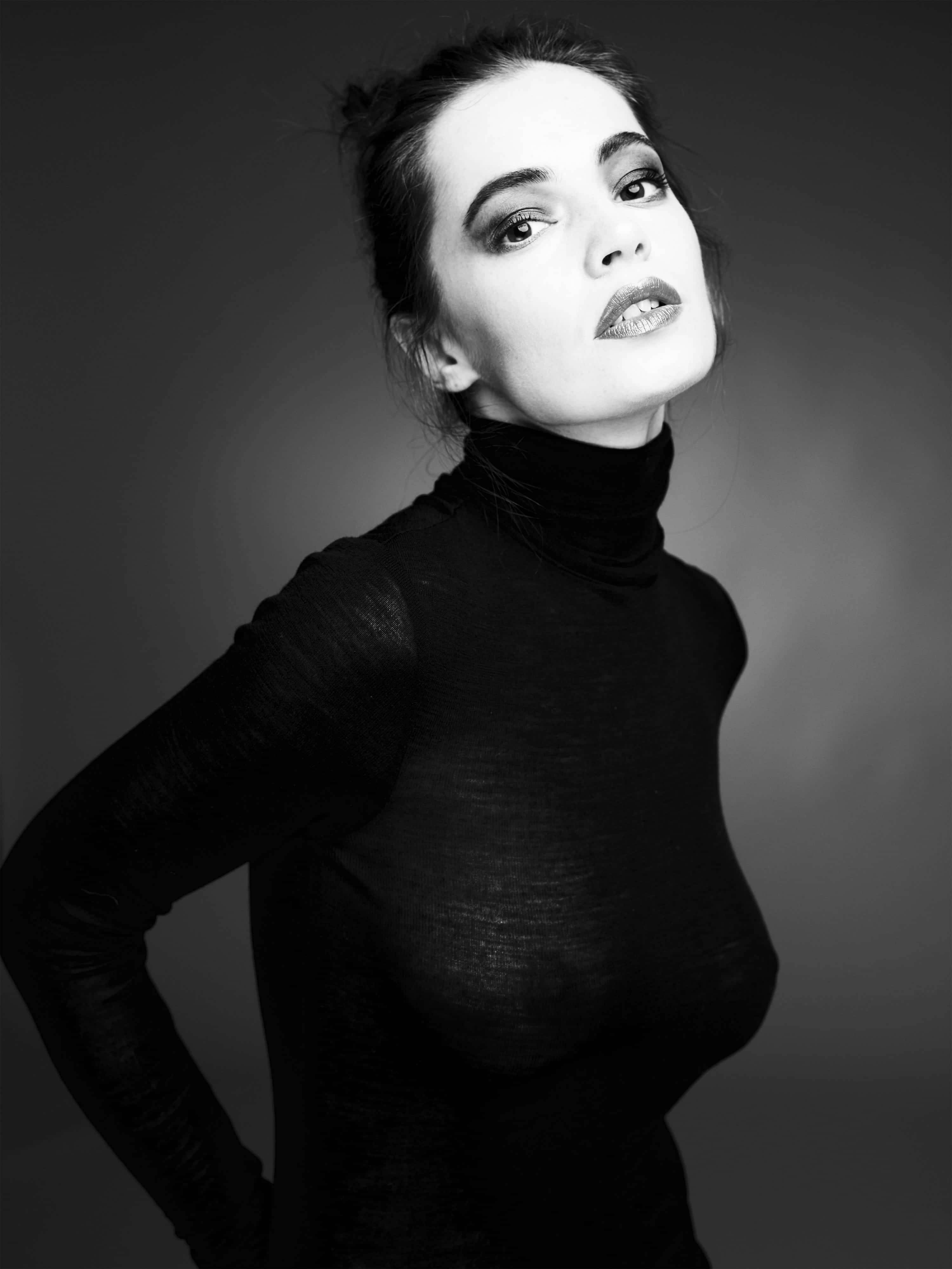 black and white fashion, high-necked top, gradient gray background, 4K Phone Wallpaper