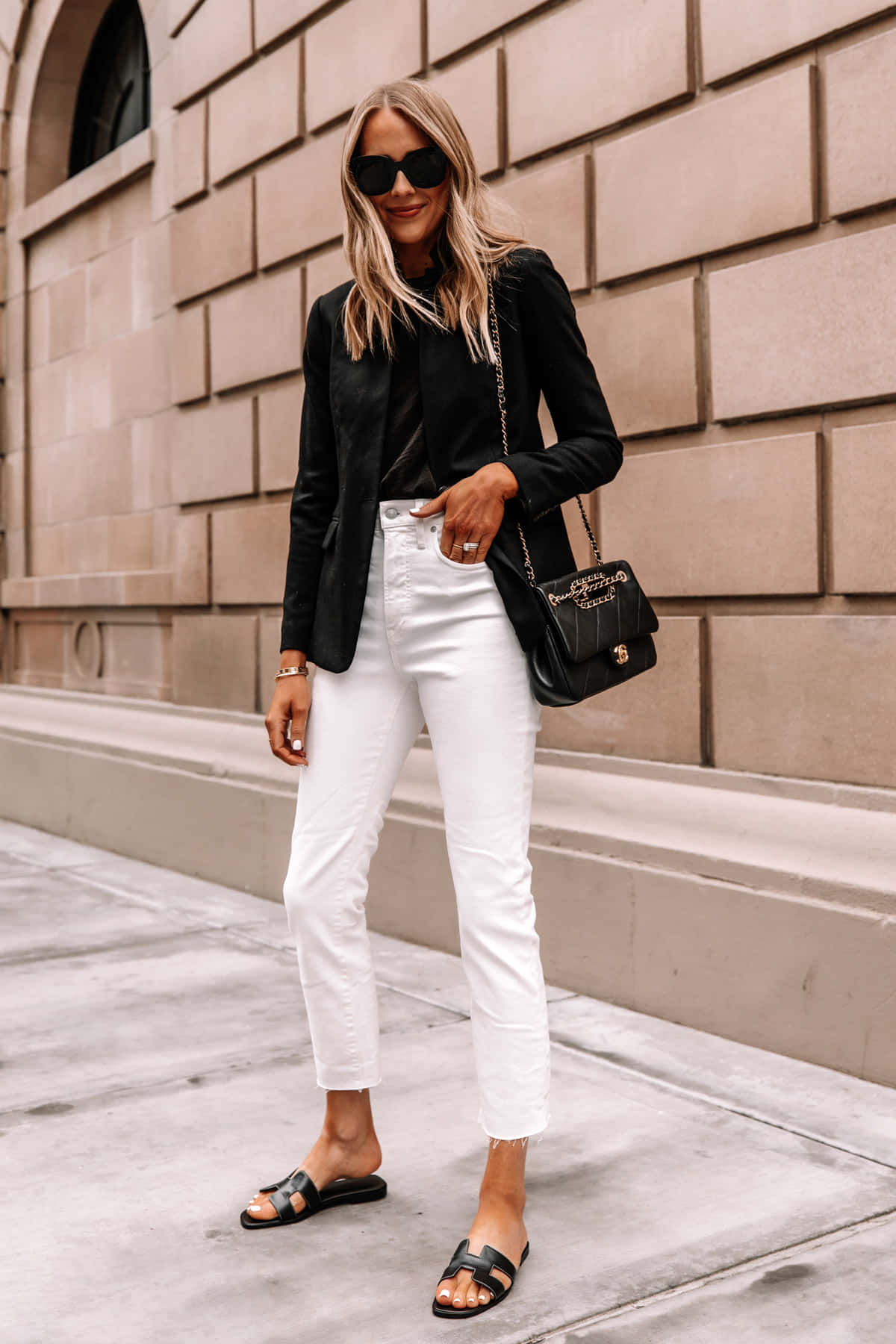 black blazer, white jeans, beige stone building facade, HD Phone Wallpaper