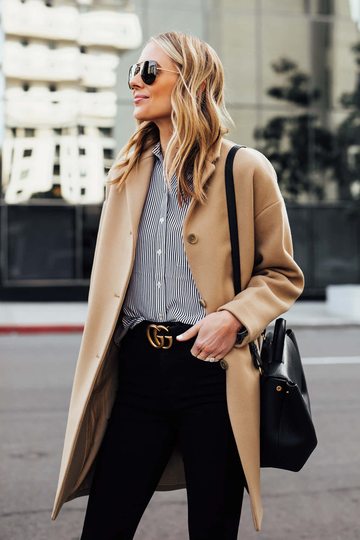 camel coat, striped shirt, modern urban street, HD Phone Wallpaper