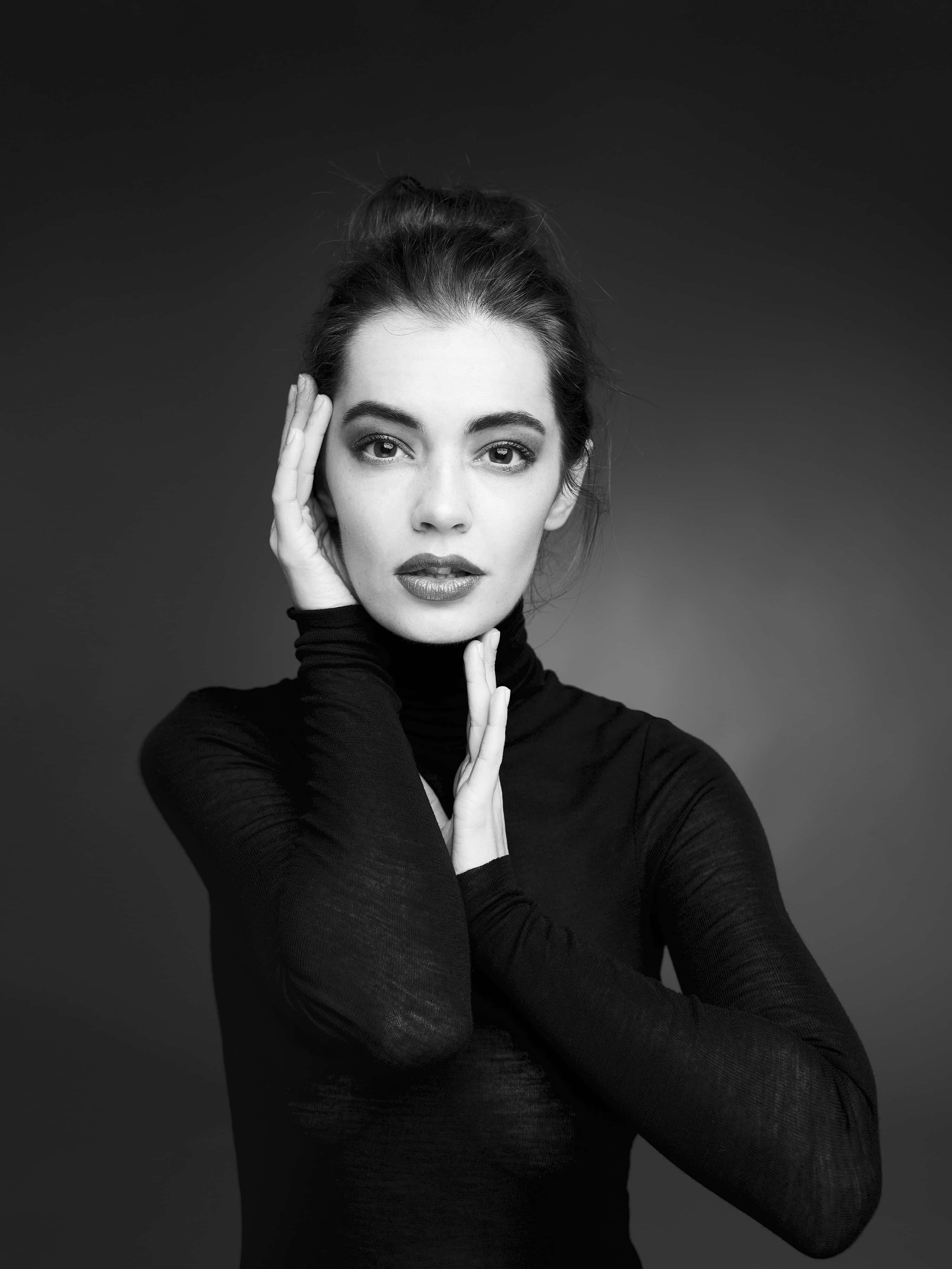 black and white fashion, turtleneck, gradient gray background, 4K Phone Wallpaper