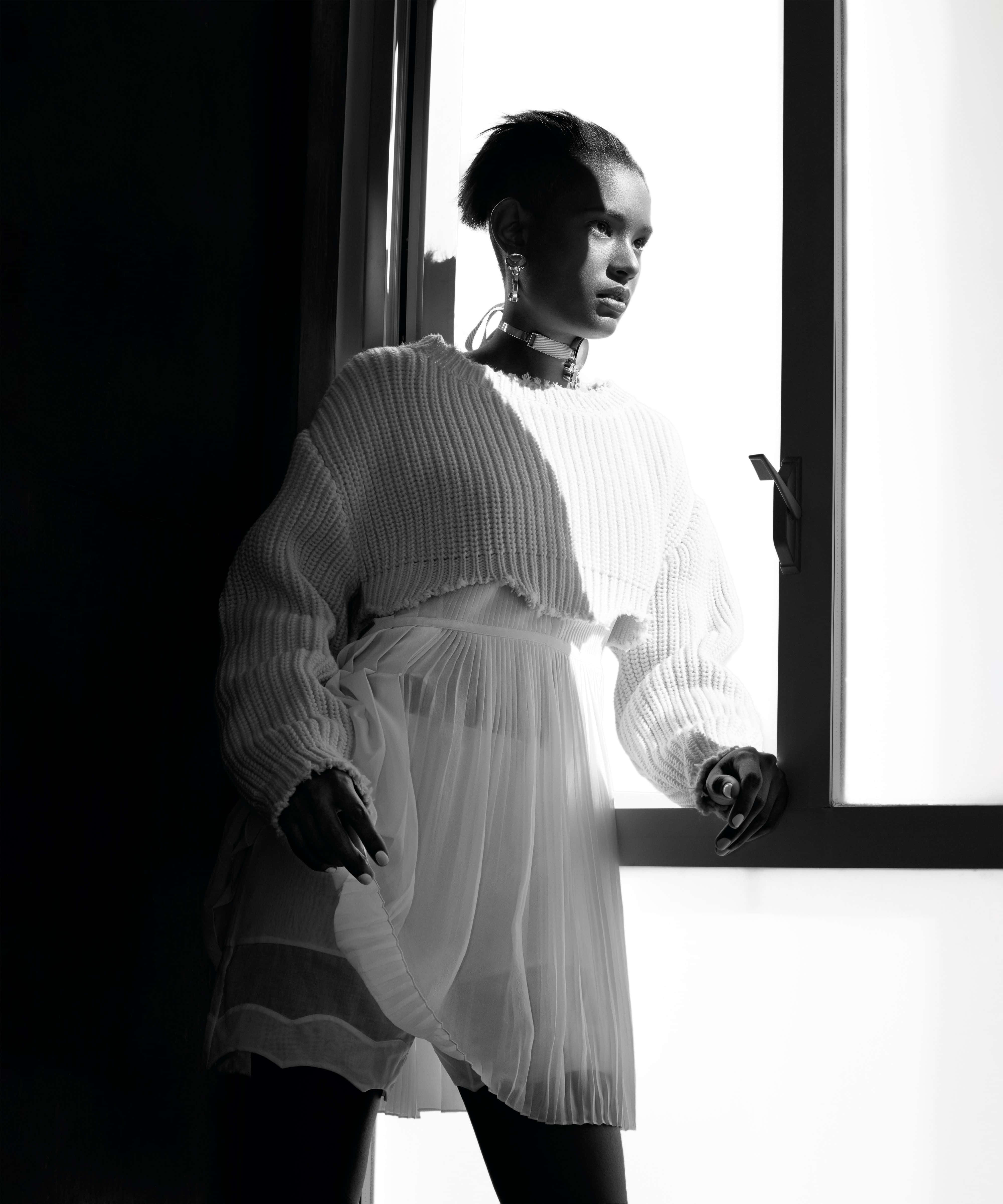black and white fashion, textured white sweater, sheer skirt, 4K Phone Wallpaper