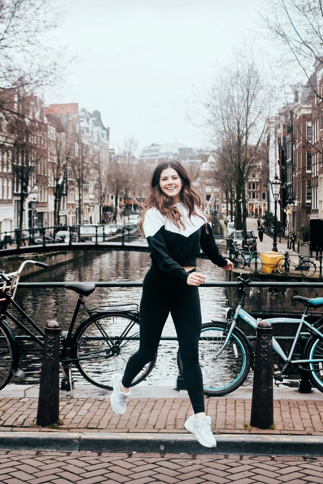 black and white athletic wear, canal in Amsterdam, bicycles, HD Phone Wallpaper