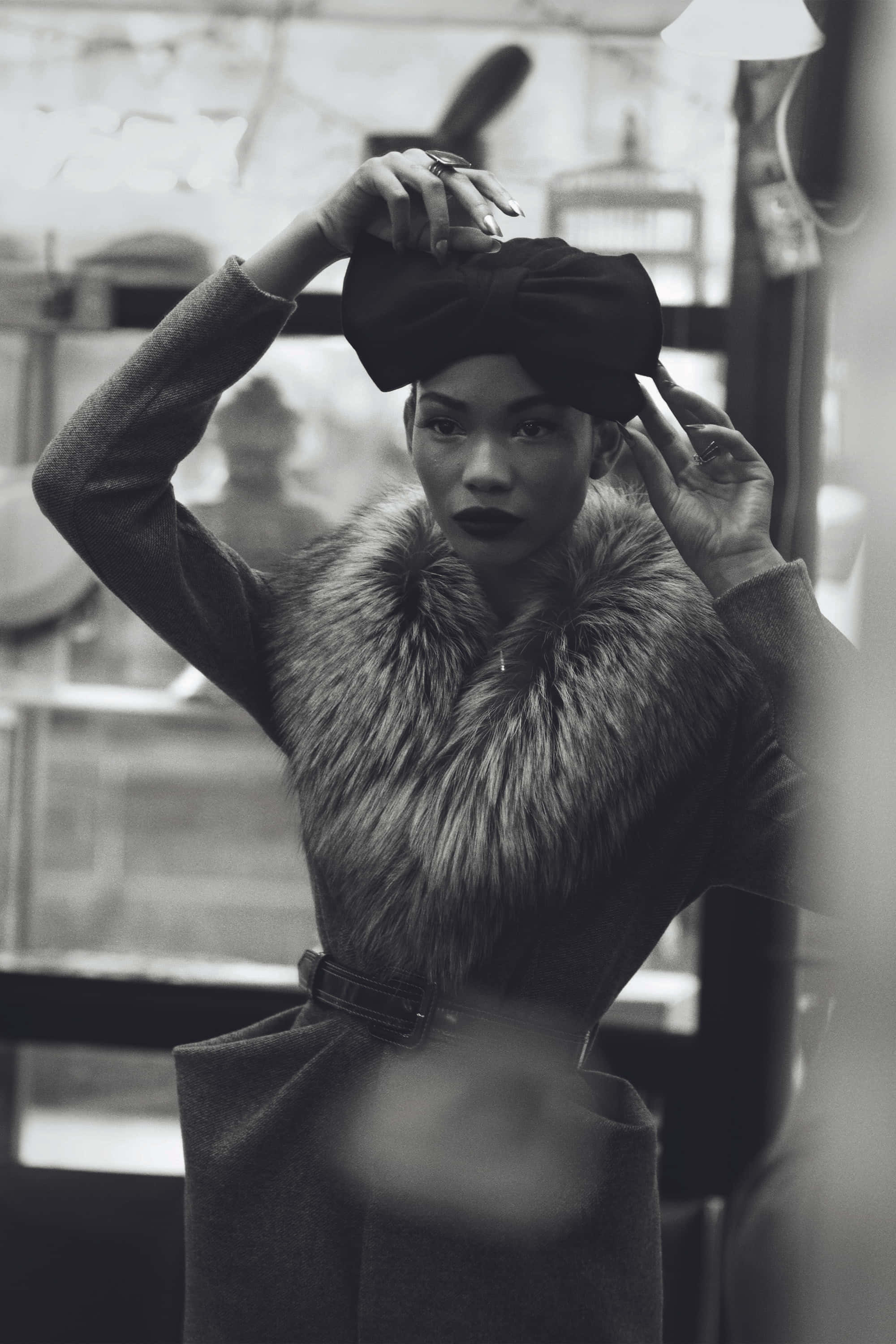 black and white fashion, fur-collared coat, large black bow hat, 2K Phone Wallpaper