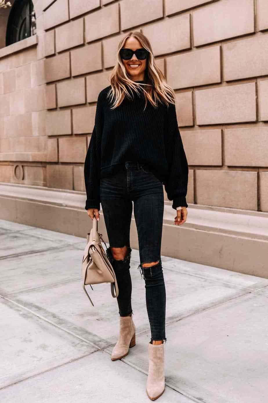 black ribbed sweater, ripped jeans, beige boots, HD Phone Wallpaper