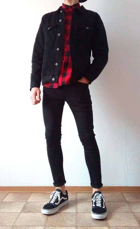 black denim jacket, red plaid shirt, black jeans, SD Phone Wallpaper